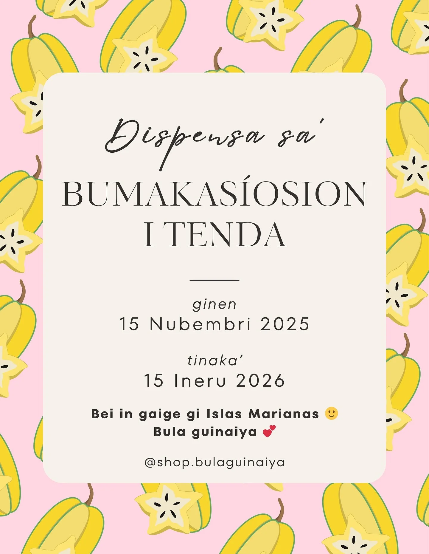 H&aring;fa adai todus hamyu, para u bakasion ta&rsquo;lu i tenda mientras gaige ham gi Islas Marianas. Si Yu&rsquo;us Ma&rsquo;&aring;si nu todu i sinapottan-miyu ya bei in f&aring;ttu t&aring;tti gi Ineru 🌺🙏🏼 Bula guinaiya 💕

Hi everyone, the sh