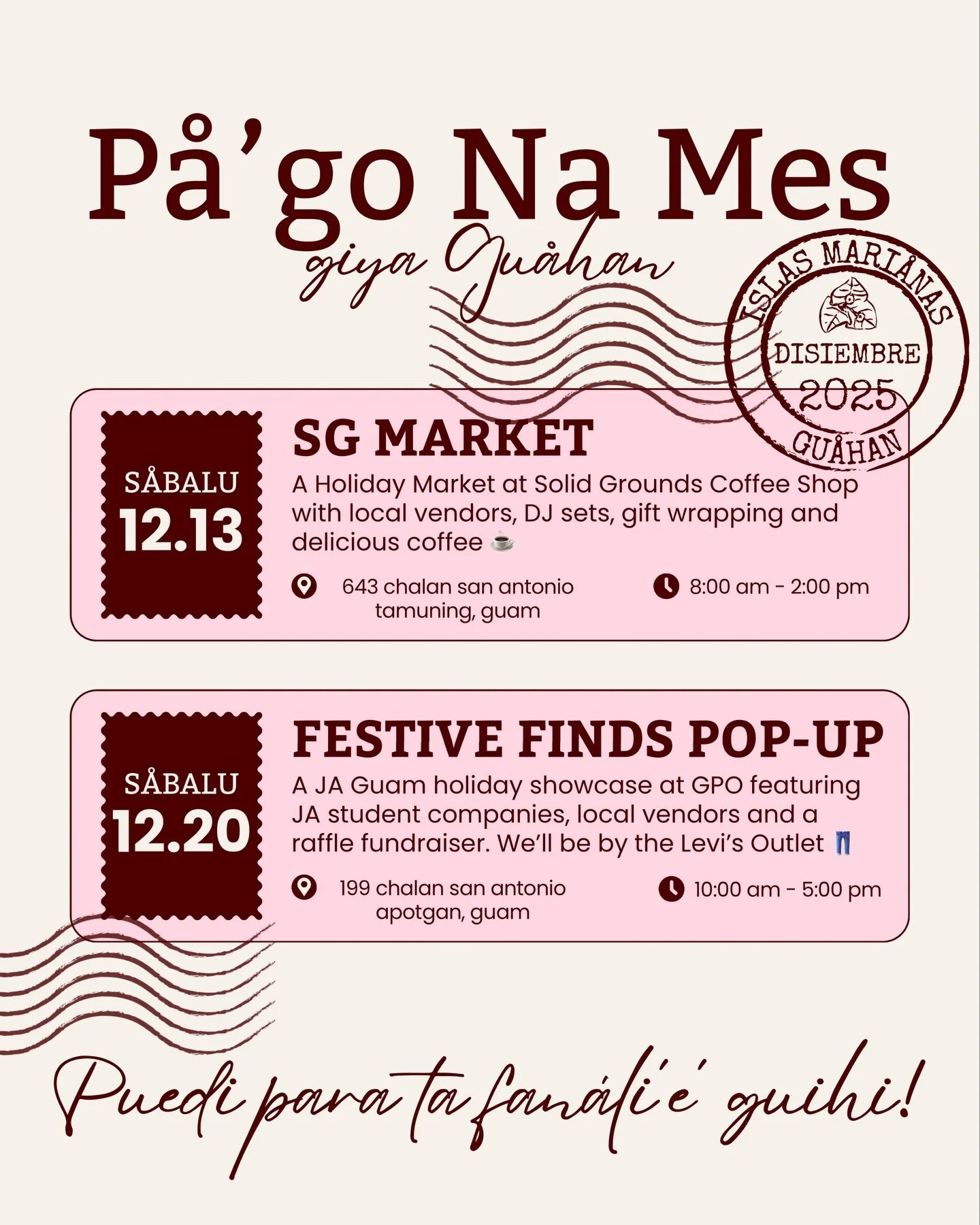 P&aring;&rsquo;go na mes bei in gaige gi @solidgroundscoffeeshop yan GPO! Bei in famb&eacute;bende k&aring;ttitan Krismas siha yan otru siha na benta ginen i tendan-m&aring;mi. Puedi para ta fan&aacute;li&rsquo;e&rsquo; guihi 🙂 Bula Guinaiya 💕

Thi