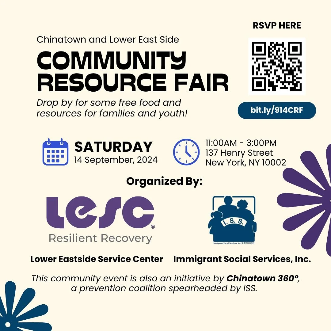 Join us and the Lower Eastside Service Center (LESC) on Saturday, September 14th, 2024 from 11 AM to 3 PM @ 137 Henry Street New York, NY 10002 for our Community Resource Fair! 🎉🎈

Drop by for some FREE food and learn more about the prevention work