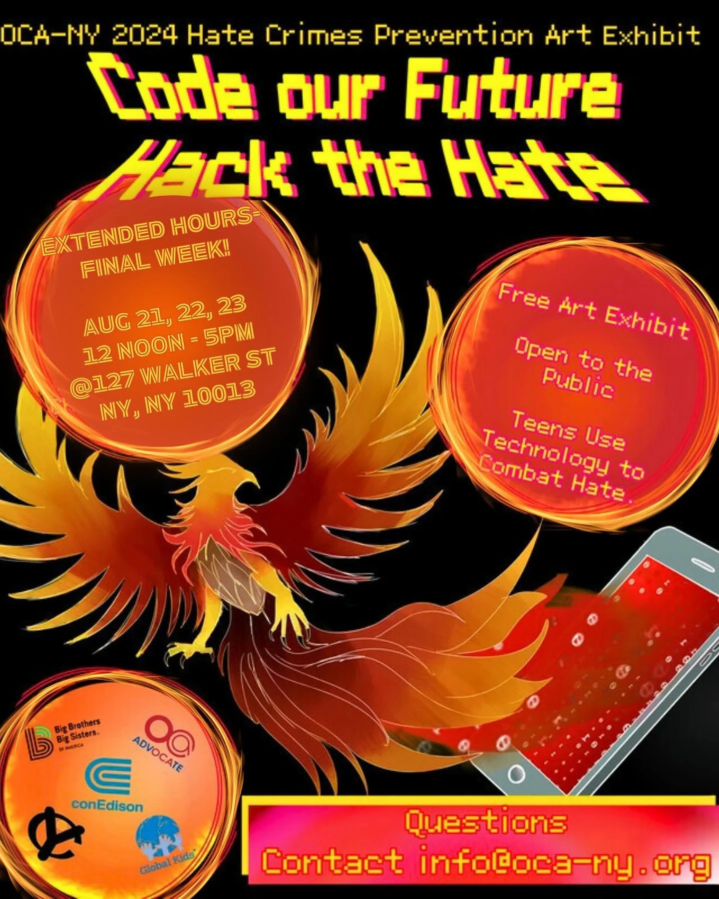 Don&rsquo;t miss the final days of @oca_ny Hate Crimes Prevention Art Contest Exhibition! 

Open to the public, August 21, 22, &amp; 23, 12pm-5pm @storefrontforideas, 127 Walker St, NY, NY 10013. 

This year&rsquo;s theme: Code the Future, Hack the H