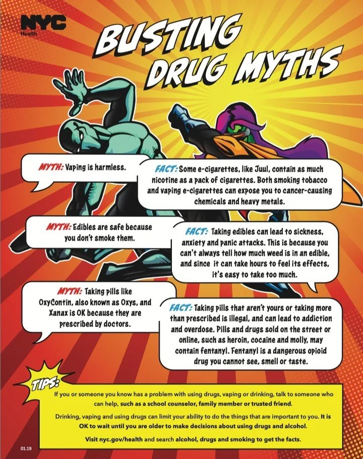 New Year, New You! Stay informed about drug MYTHS vs. FACTS. 

Let's empower our community with real knowledge and support! 💪 🙌

For more information visit nyc.gov/health and search alcohol, drugs, and smoking to get the facts. 

Swipe to see the C