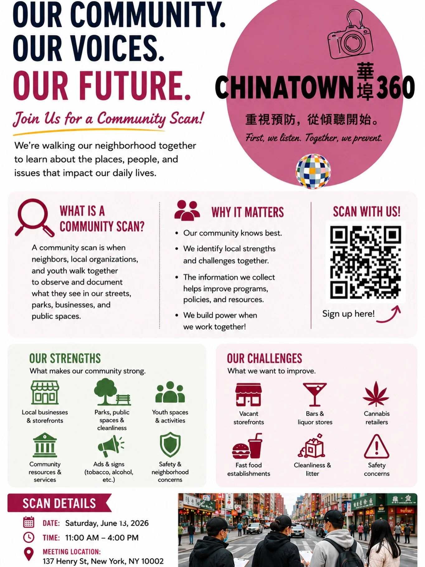 Our Community. Our Voices. Our Future.

Looking for a meaningful way to give back to your community this summer?

Chinatown360 is inviting youth, residents, business owners, and community members to join us for a Community Scan on Saturday, June 13, 
