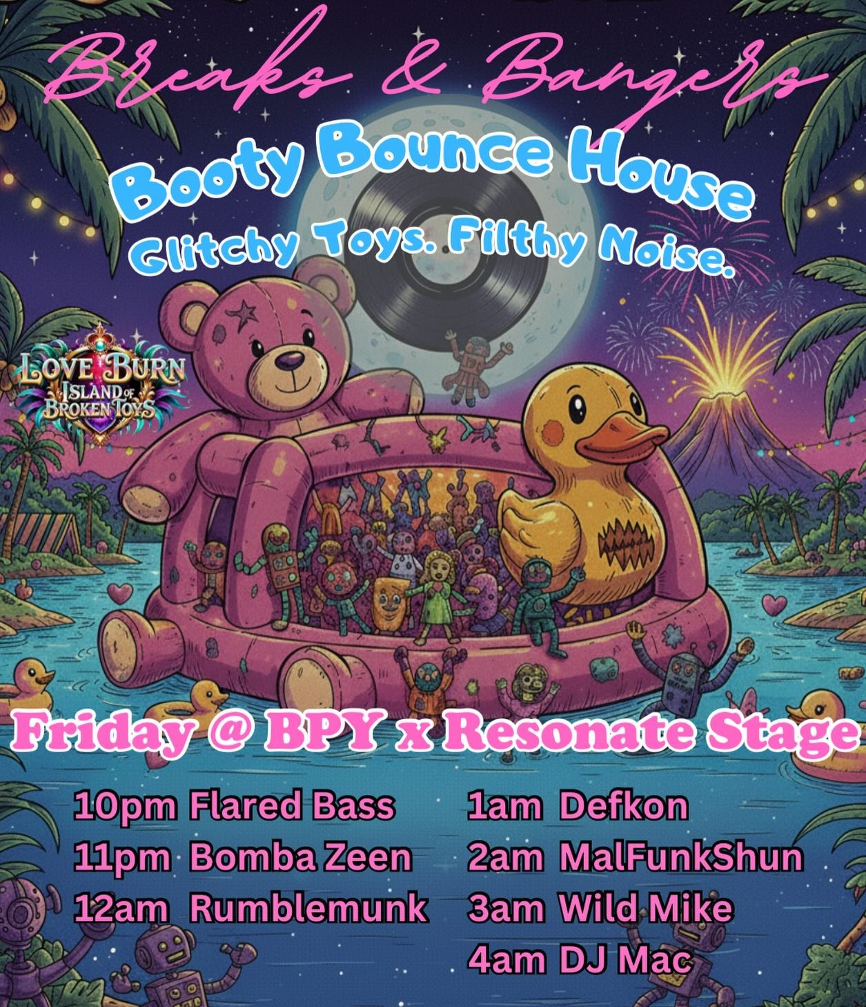FRIDAY NIGHT @theloveburn we bring you Booty Bounce House with a lineup so 🔥 your head will be spinning 🤯 and that 🍑 will be shakin

Rumblemunk from @spacecowboyssf 
@dj_malfunkshun 
@originaldjmac 
@_defkon 
@bombazeen 
@flaredbass 

See you at t