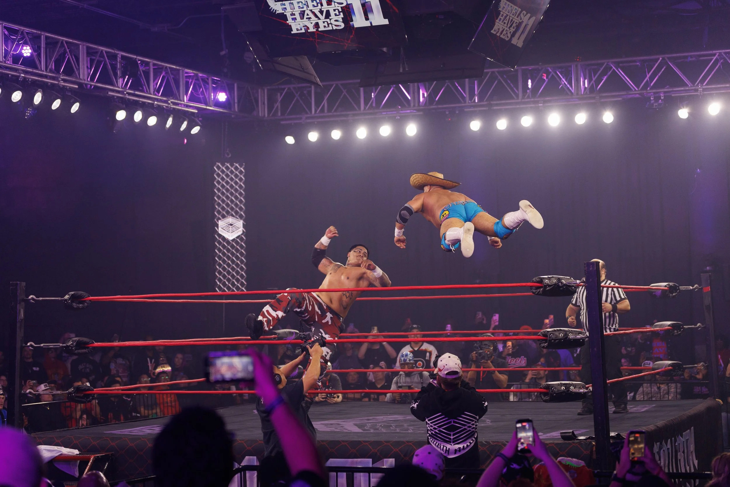 Two professional wrestlers competing in a wrestling ring, with one wrestler mid-air performing a move on the other. The scene is illuminated with purple and white stage lights, and there is a crowd of spectators around the ring.