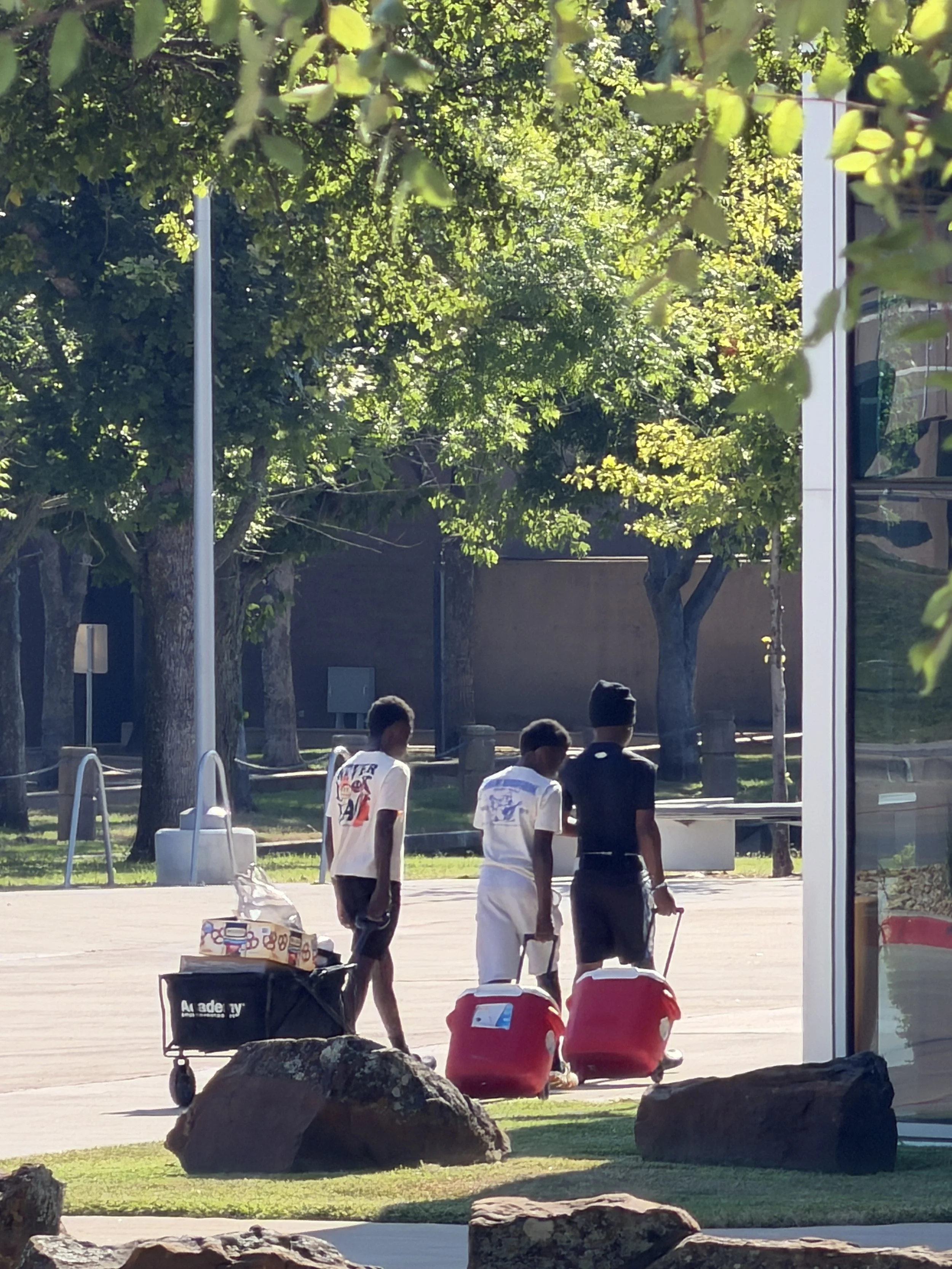 People with luggage and bags at an outdoor bus stop with trees and a building in the background.