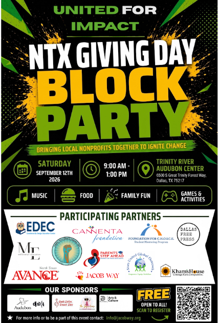 Poster for NTX Giving Day Block Party with details about date, time, location, activities, and participating partners.