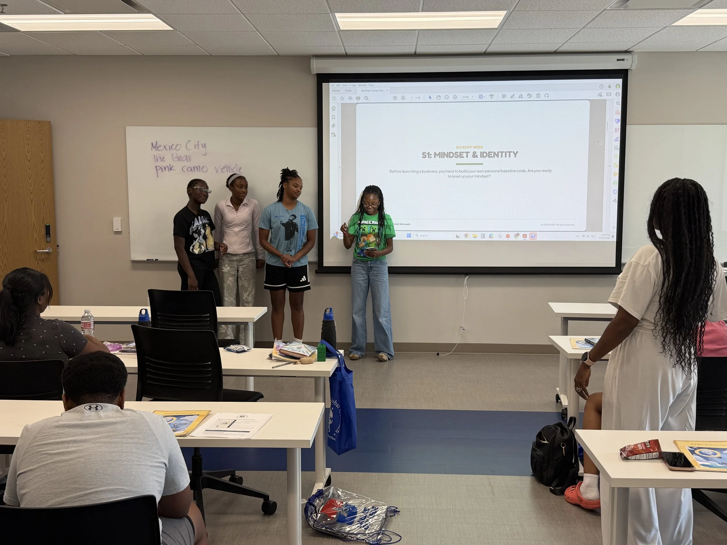Students standing at the front of a classroom giving presentation, with a whiteboard and projector screen displaying a slide titled 'S1: MINDSET & IDENTITY'