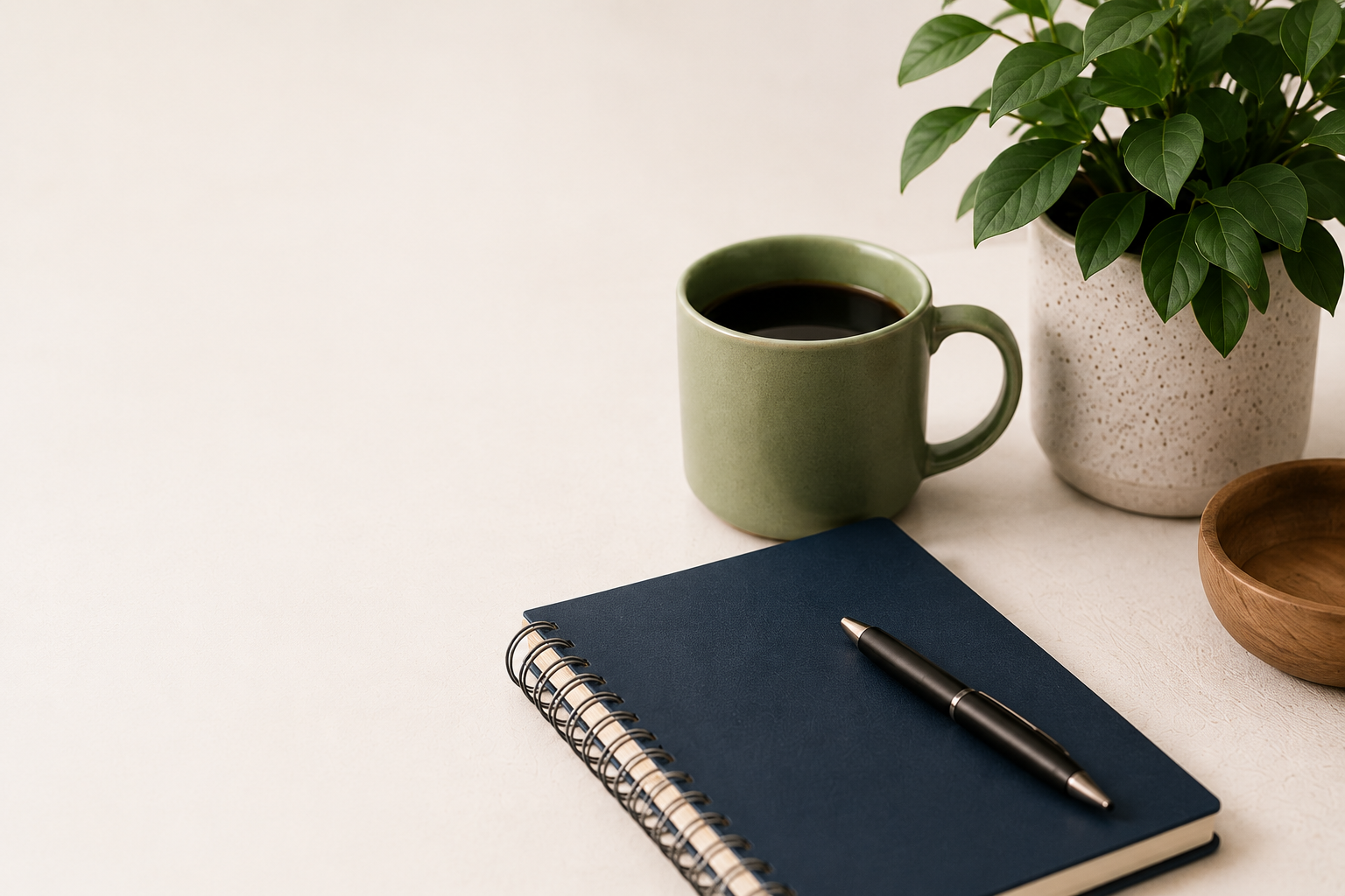 A green mug filled with black coffee, a navy blue spiral-bound notebook with a black pen on top, a potted green plant in a speckled white pot, and an empty wooden bowl on a light-colored surface.