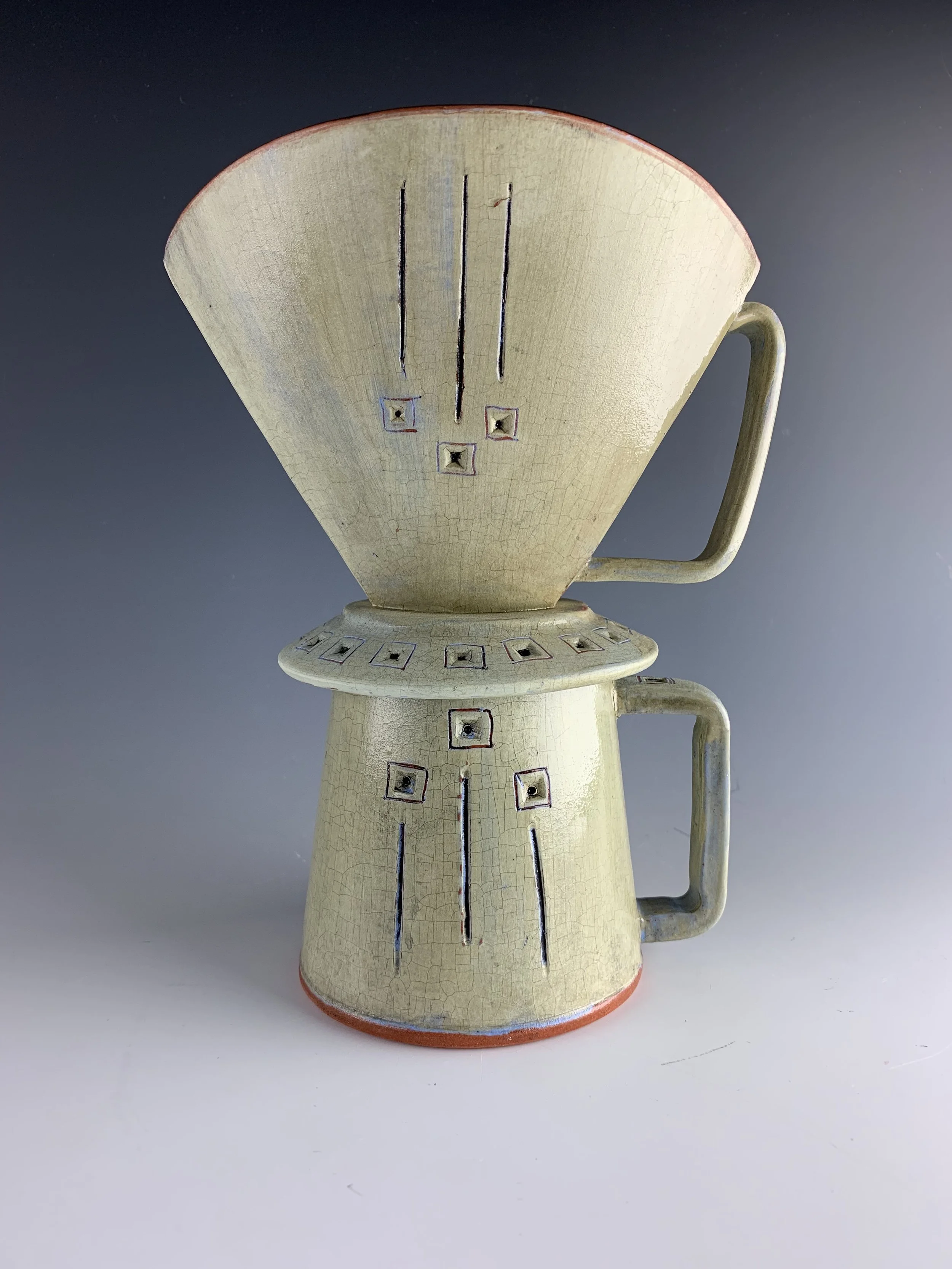 Ceramic coffee pour over and much with matching art deco design by ceramic artist, Bebe Alexander