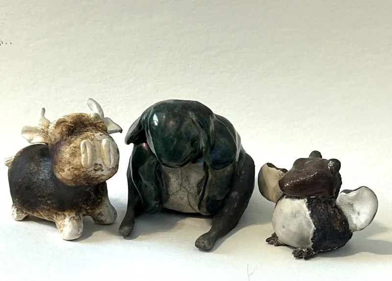 Raku-fired hand-built ceramic animal sculptures made in the Raku Critters class at Groundworks Art Lab in Boulder, CO.