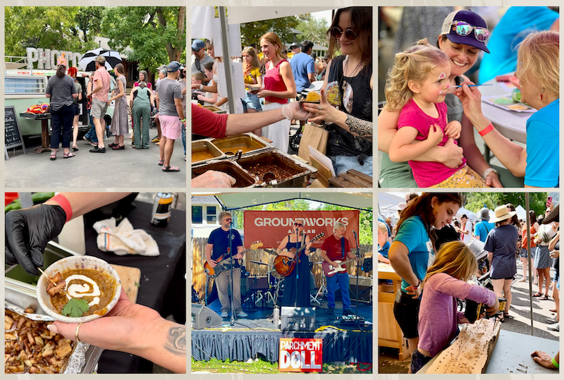 top left: photo bus with crowd in line. top center: chili is served to attendee. top right: child is having their face painted. bottom left: close up of chili in handmade bowl. btm center: band plays music on stage. btm right: child drills into wood