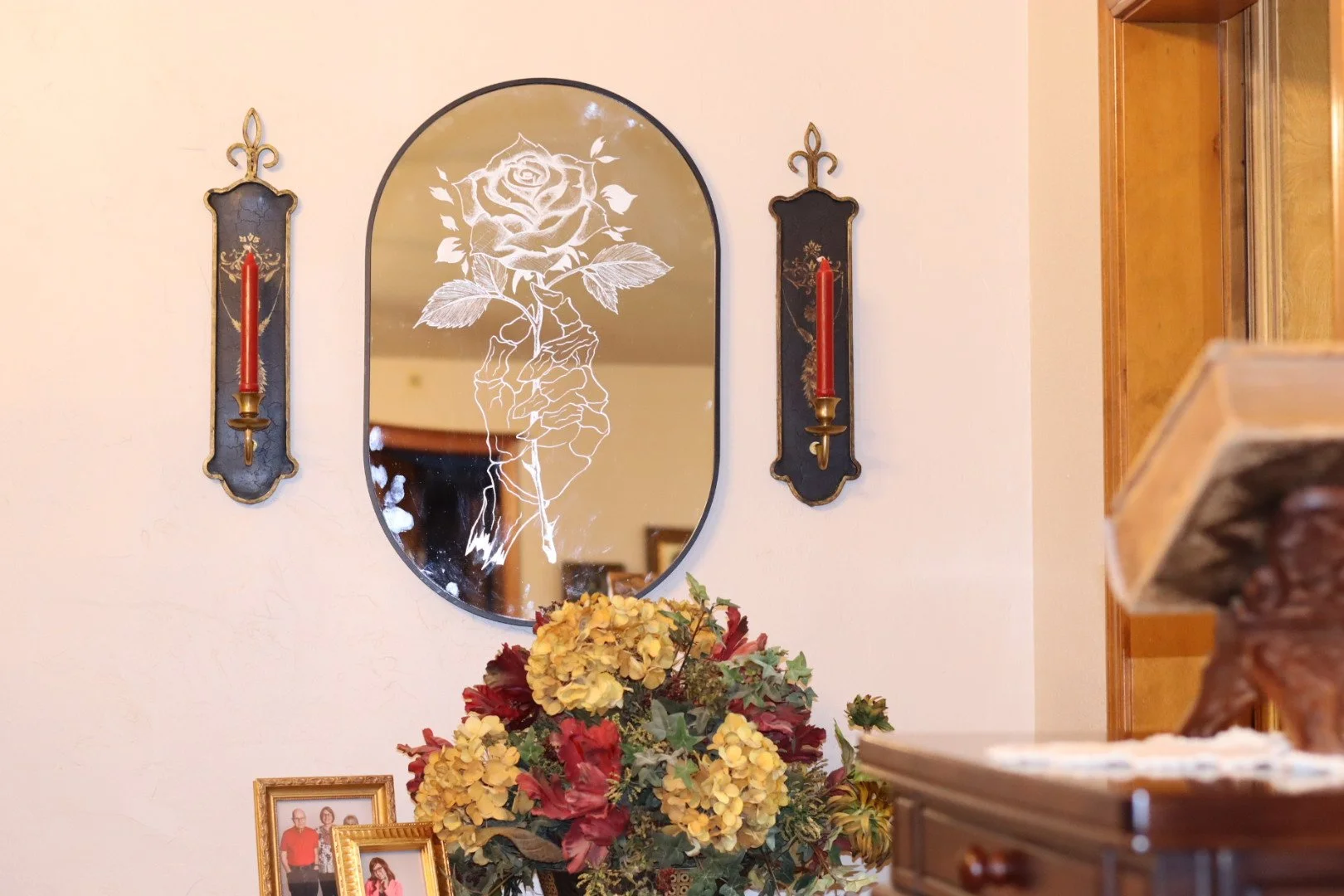 etched mirror with rose and skeleton hand from Oklahoma artist AWE_Graffiti
