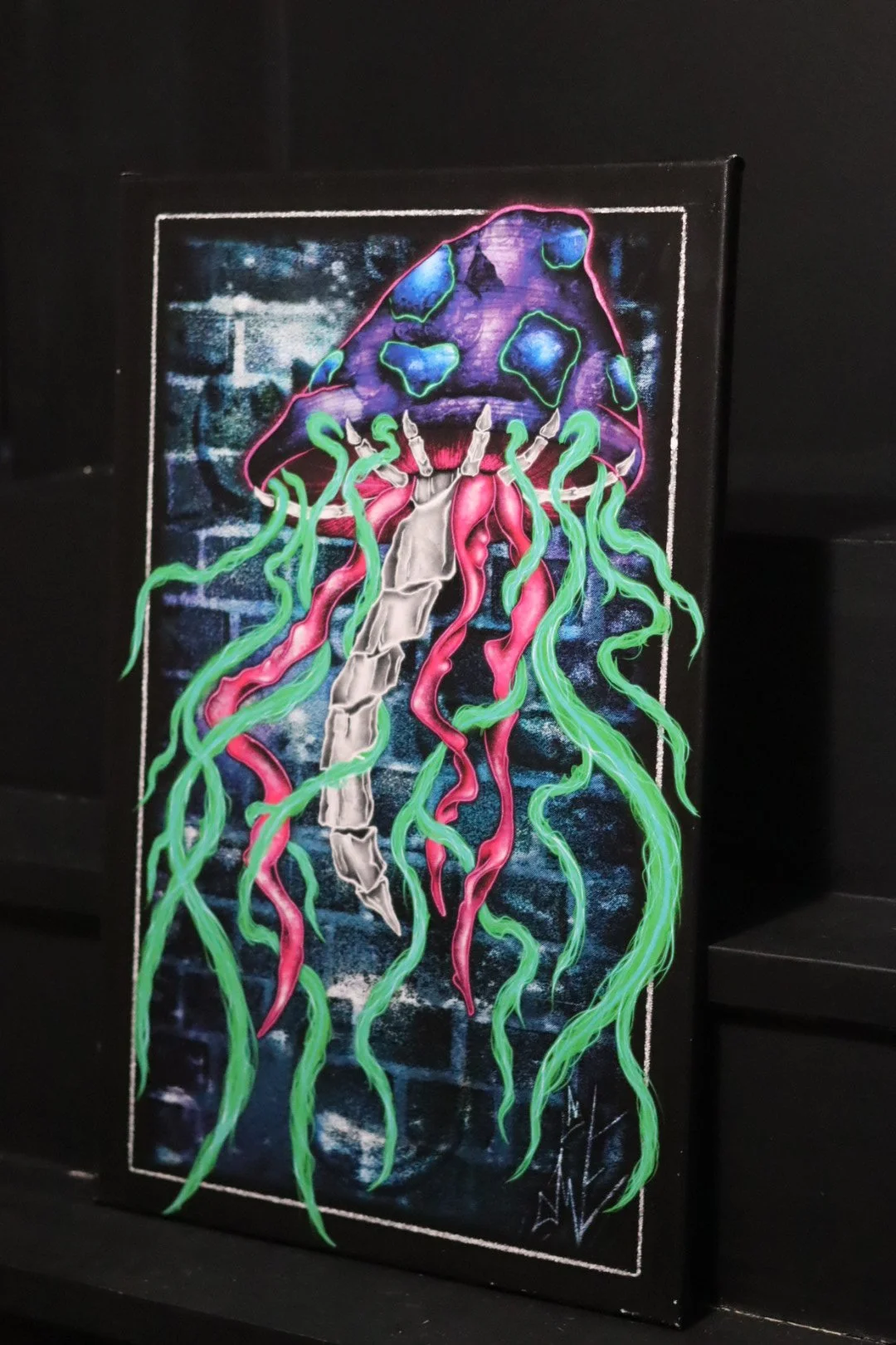 Bold graffiti style jellyfish and mushroom original art canvas from local Oklahoma artist AWE_Graffiti