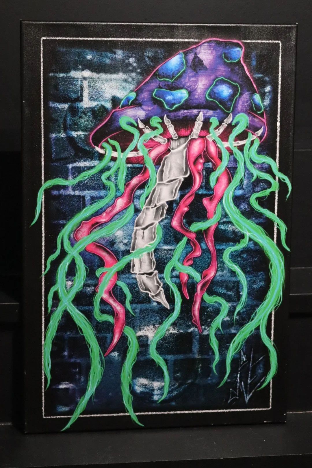 Bold graffiti style jellyfish and mushroom original art canvas from local Oklahoma artist AWE_Graffiti
