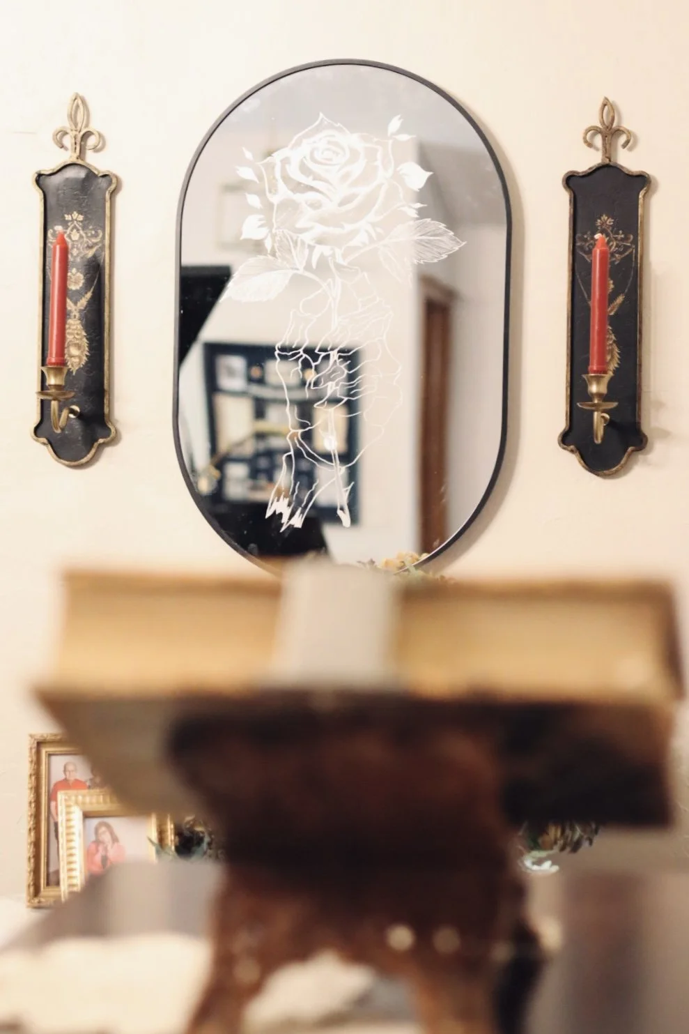 etched mirror with rose and skeleton hand from Oklahoma artist AWE_Graffiti