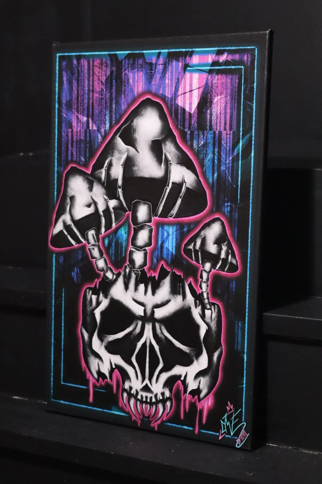 Graffiti street art inspired fine art original canvas featuring a blacklight reactive skull and bone mushrooms from Oklahoma native and Edmond artist AWE_Graffiti