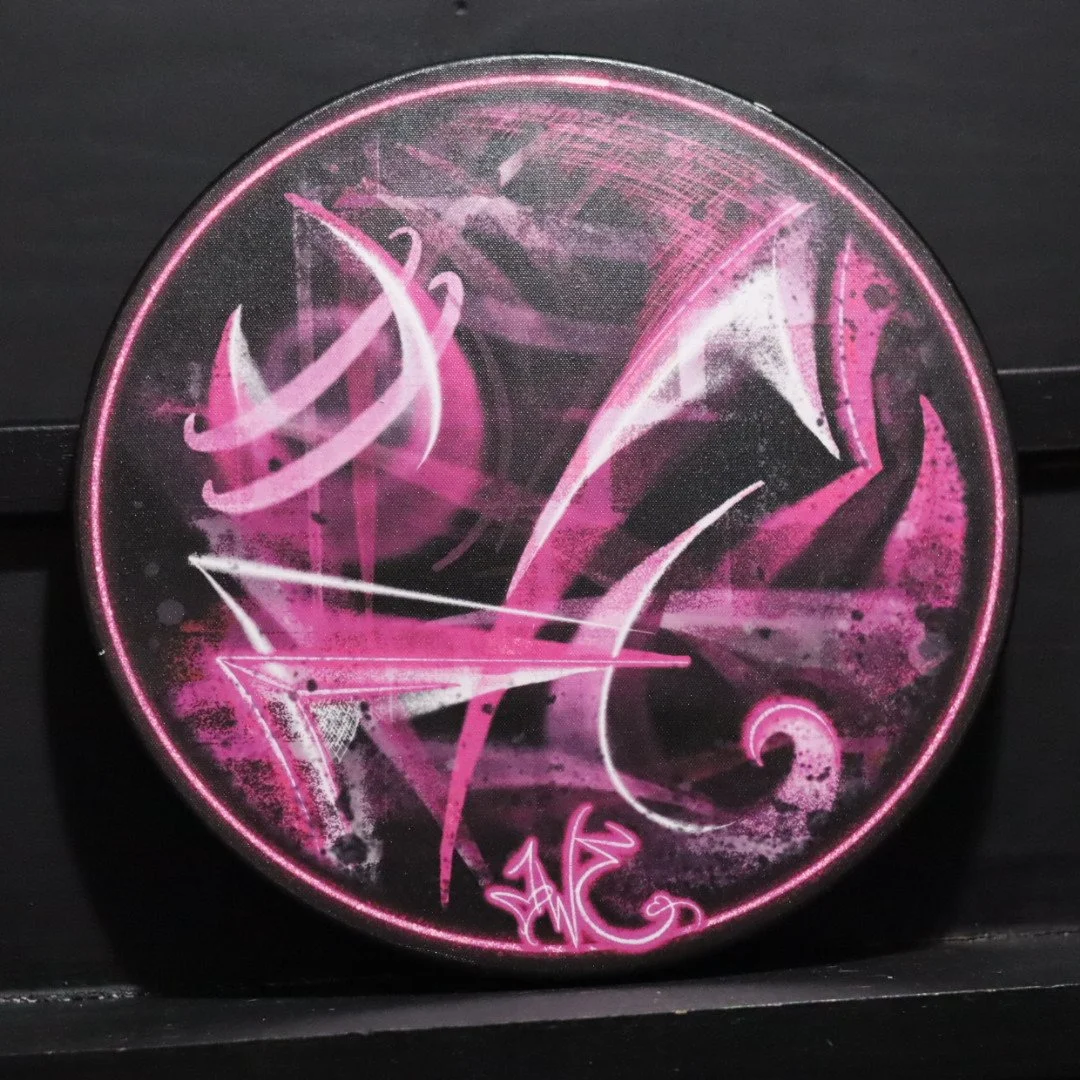 bright neon pink graffiti original fine art circle canvas from AWE_Graffiti based out of Edmond, Oklahoma