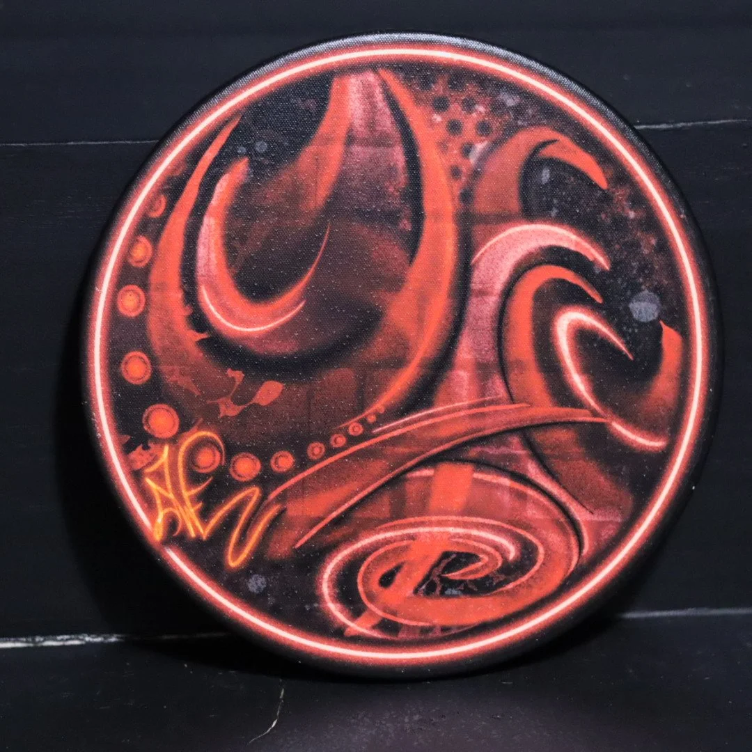 Graffiti inspired bold red graffiti flow original circle stretched canvas from Oklahoma artist AWE_Graffiti featuring brilliant shades of red, flowing lifework and high quality