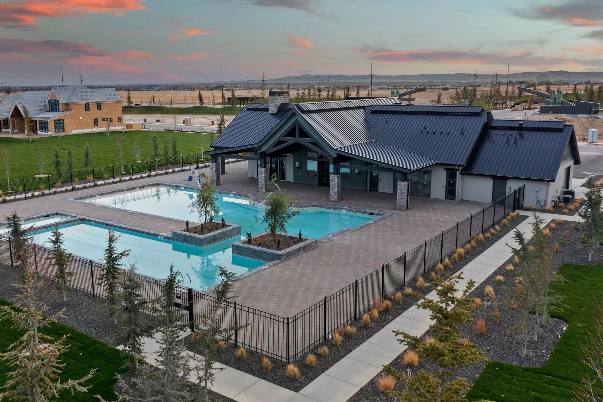 Aerial view of the clubhouse and pool in the Terra View community in Eagle, Idaho