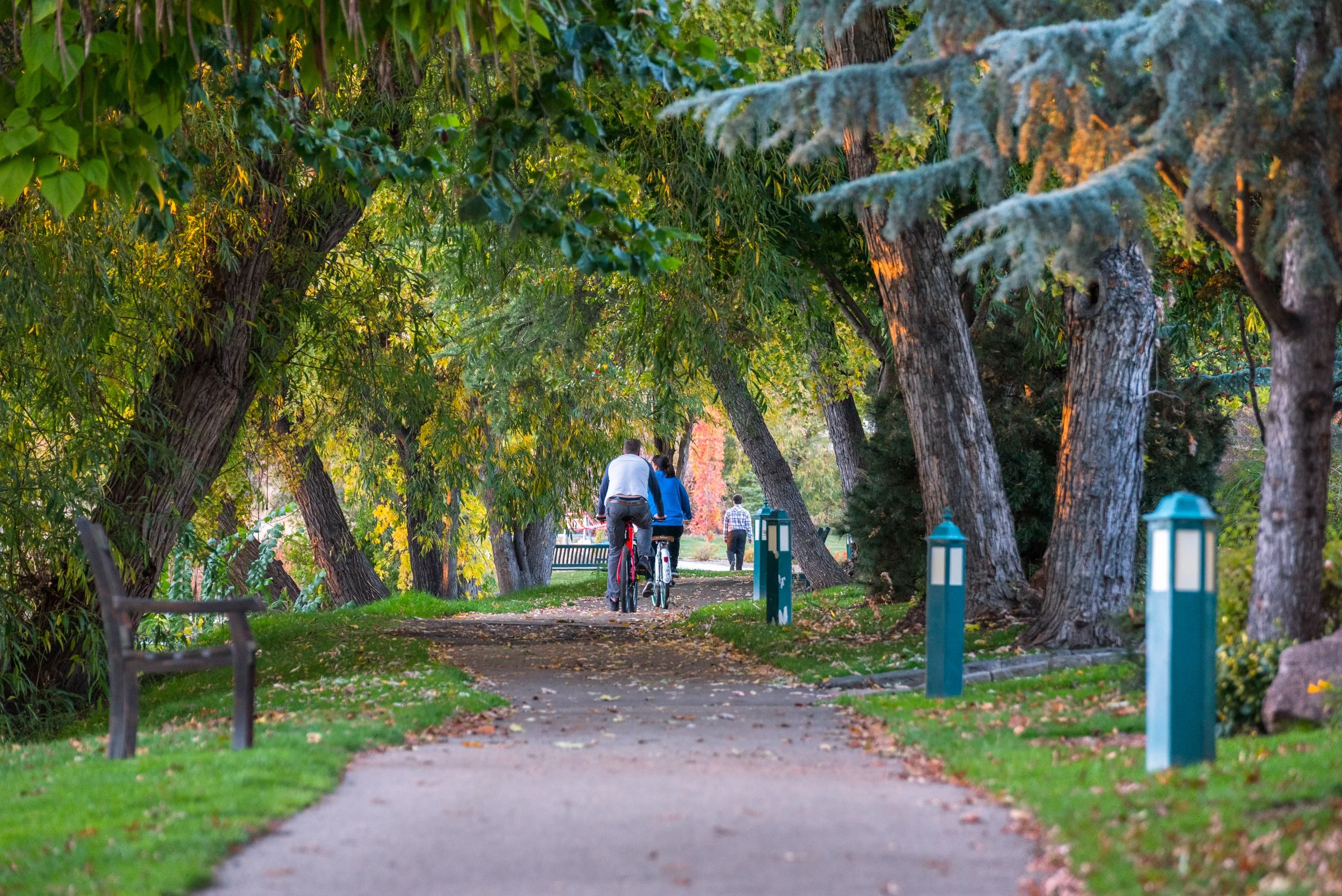 Couple biking along a tree-lined greenbelt path in Eagle, Idaho in early fall