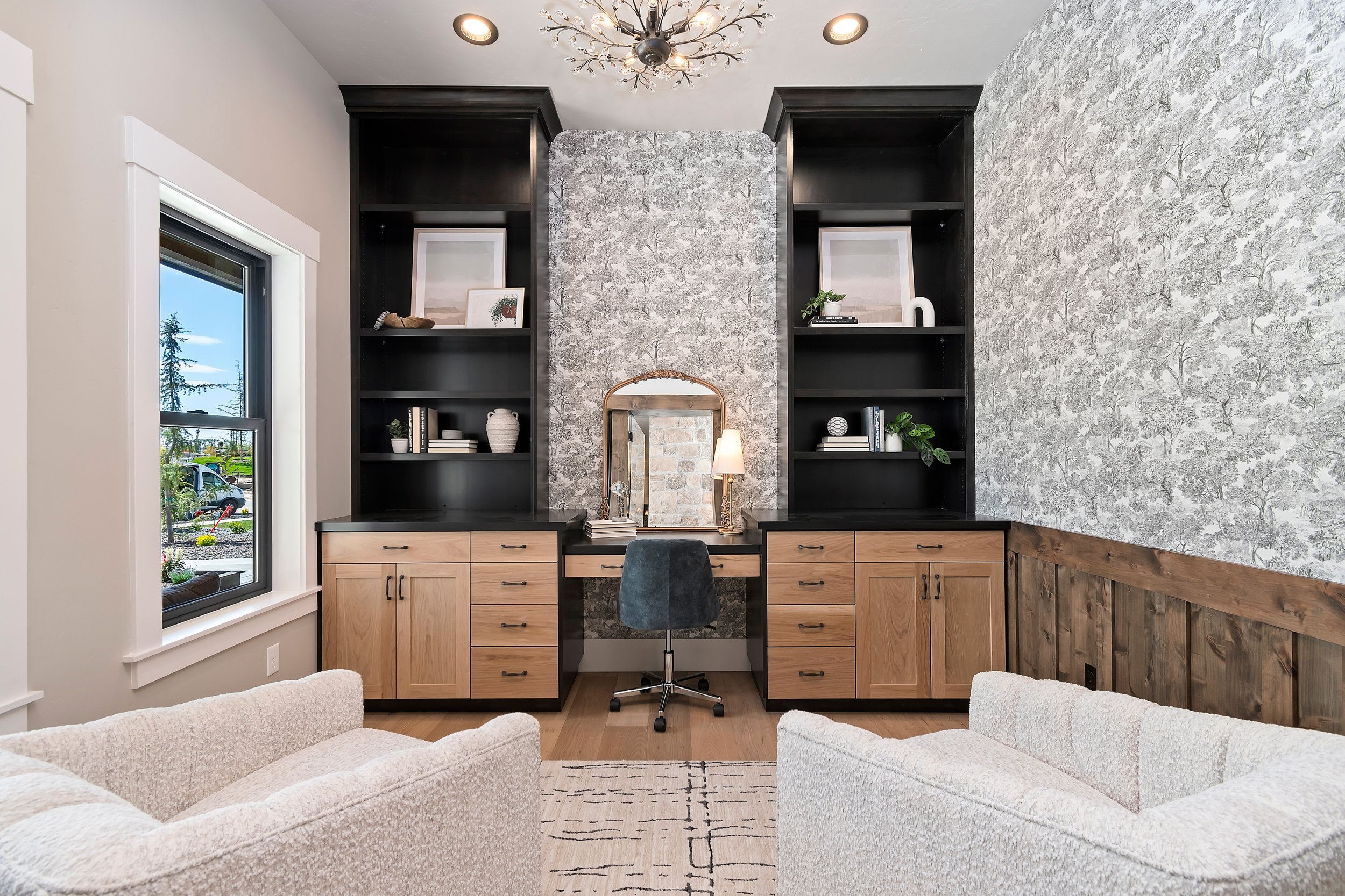 Custom-built home office with wood and black cabinetry in an Eagle, Idaho luxury home