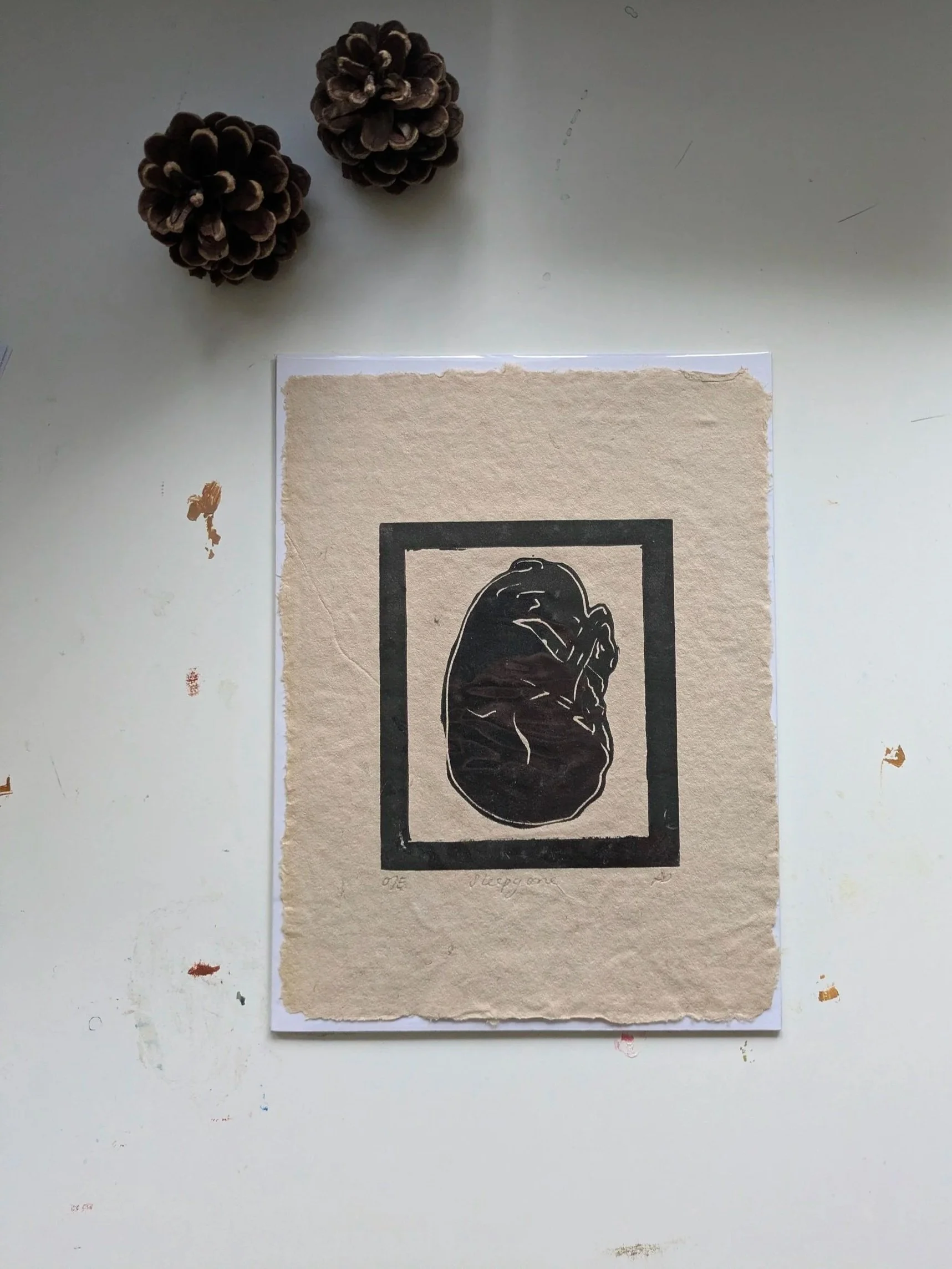 Sleepy one: Lino Print