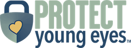 Logo with text 'Protect Young Eyes' and heart inside a padlock graphic.