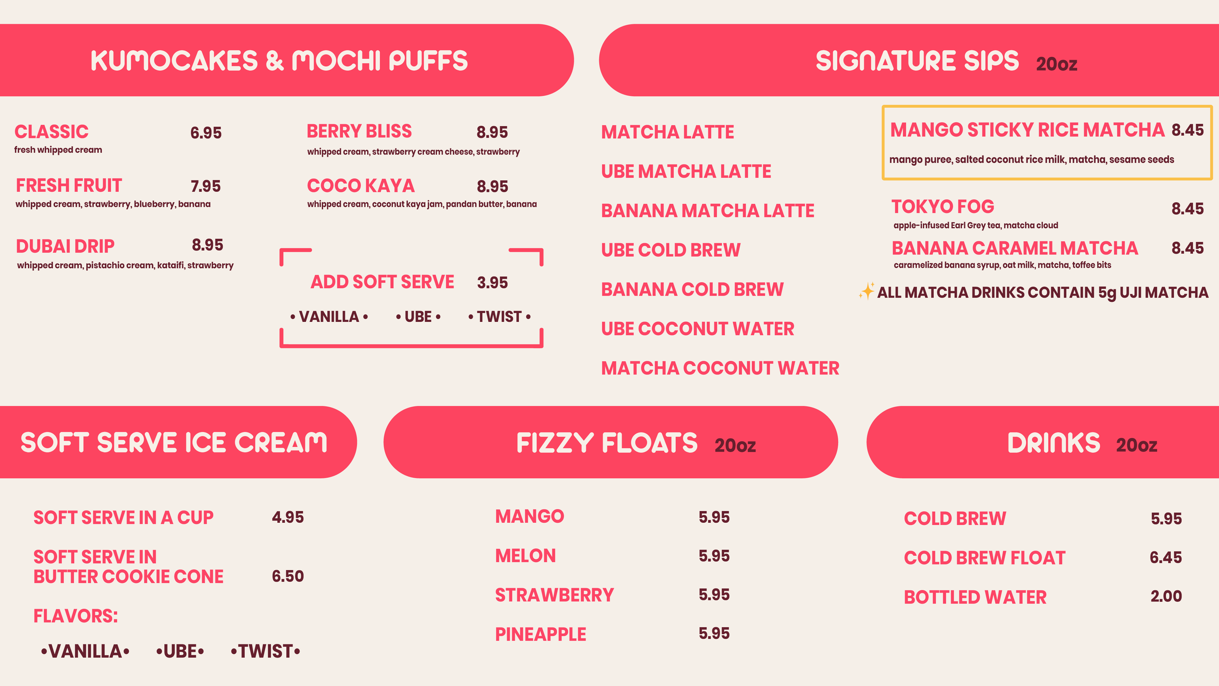 Dessert menu of Kumocakes (japanese souffle pancakes) & Mochi Puffs with options like fresh fruit, Dubai chocolate Drip, Coco Kaya jam. Soft serve ice cream, Fizzy Floats, mango sticky rice matcha, tokyo fog matcha latte, and banana caramel matcha.