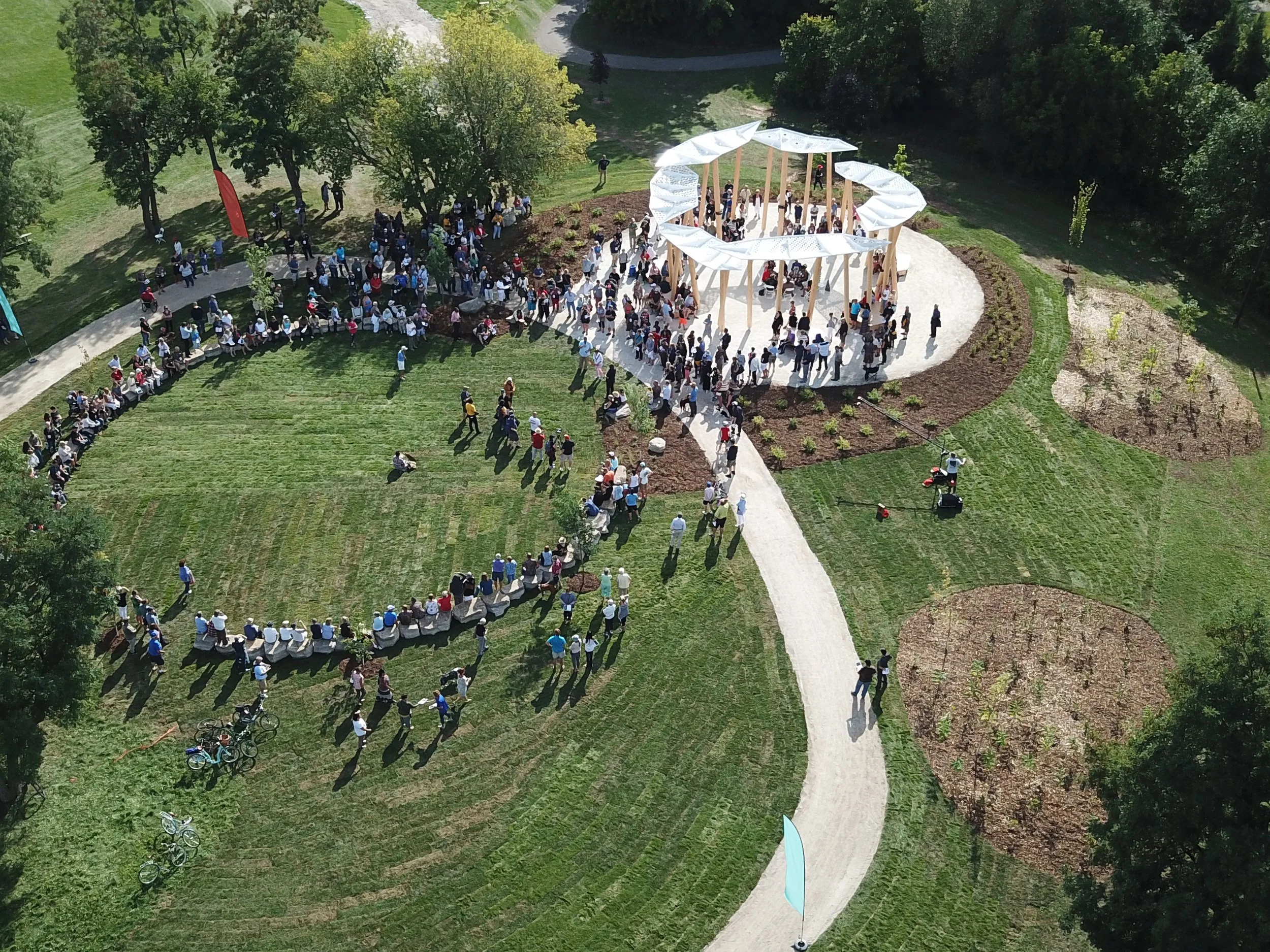 Awen' Gathering Place Drone Shot with Crowd