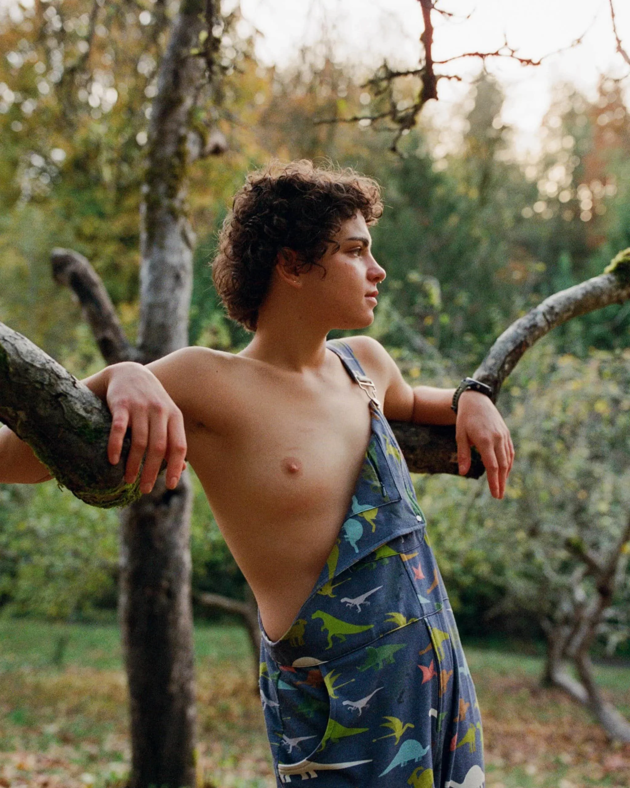 Person with curly hair, shirtless, wearing dinosaur-patterned overalls, leaning on a tree branch in a lush green forest during sunset.