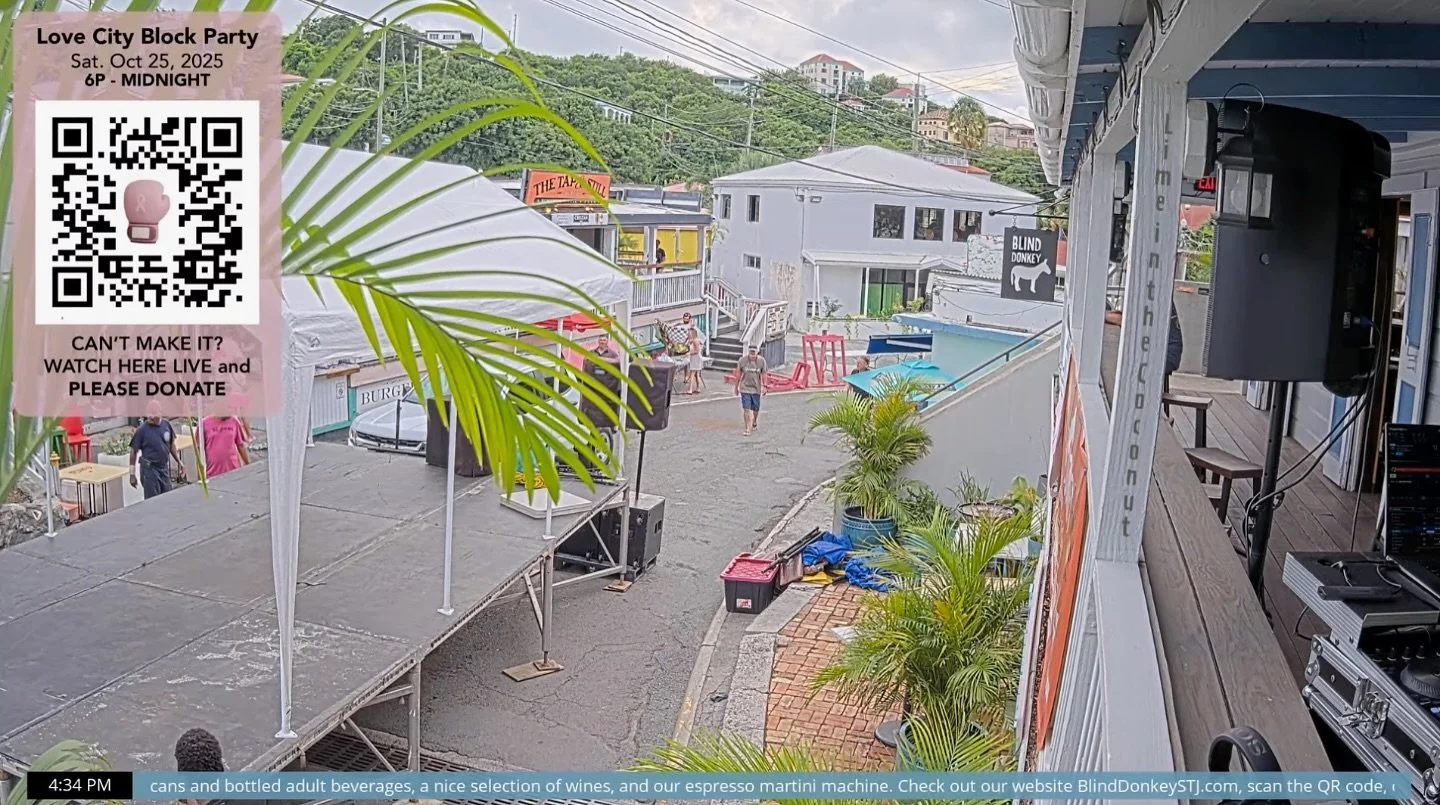 Tonight from 6p-midnight we&rsquo;ll be partying on the street in Cruz Bay to help St John Cancer Fund! Can&rsquo;t be here? Watch it live on our webcam: https://www.youtube.com/watch?v=p4C2WL9Nq9o