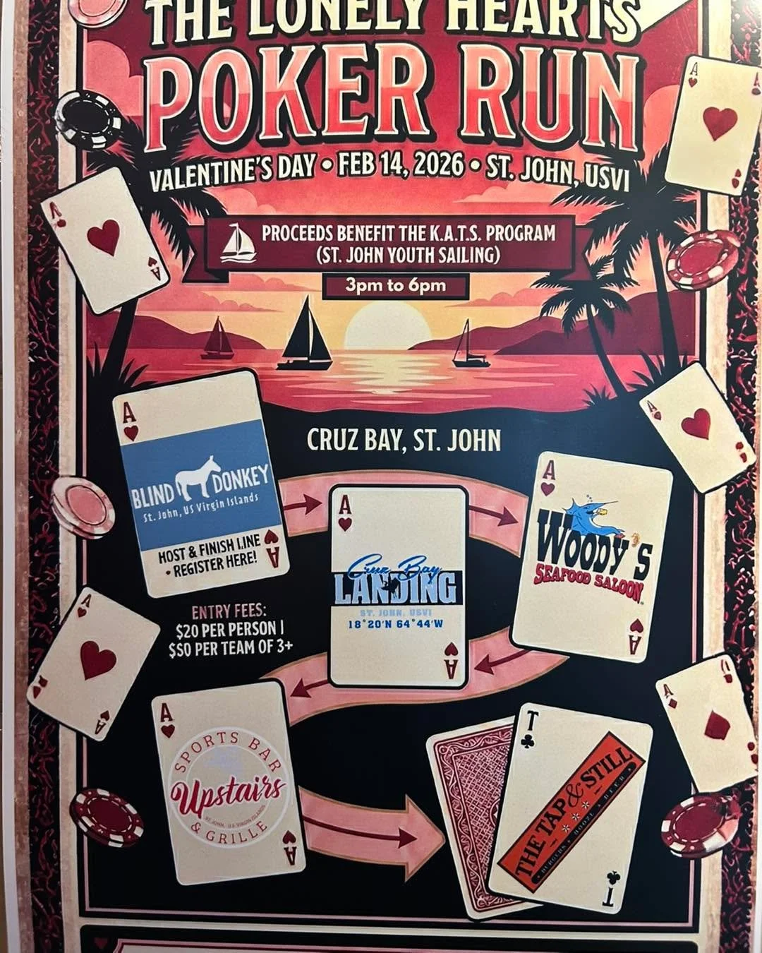 Join us for the Lonely Hearts Poker run for locals and tourists alike !! First place a bottle of 1942 premium tequila!! Cases of Truly and buckets of Fireball included.