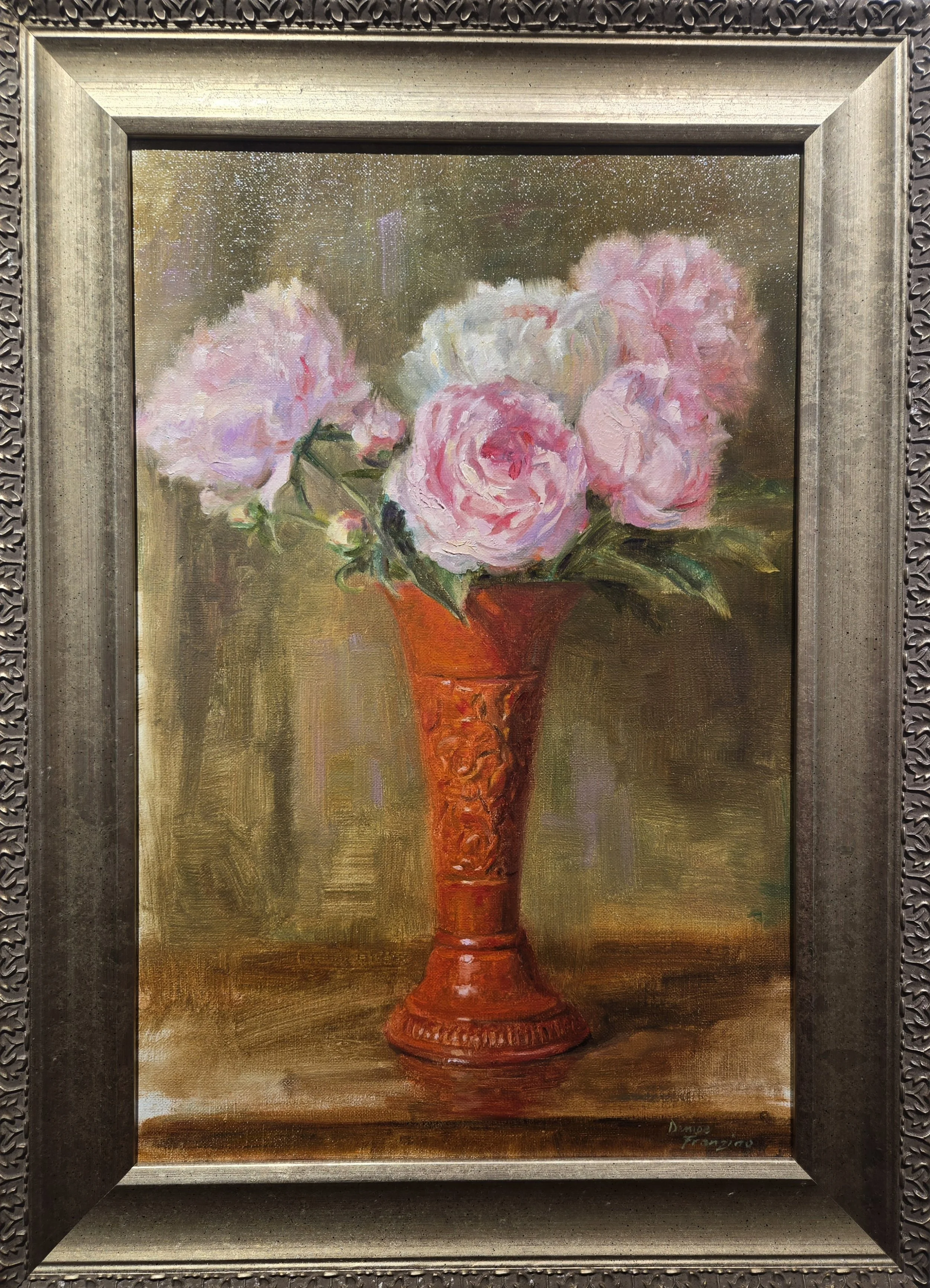 Peonies in Red Vase