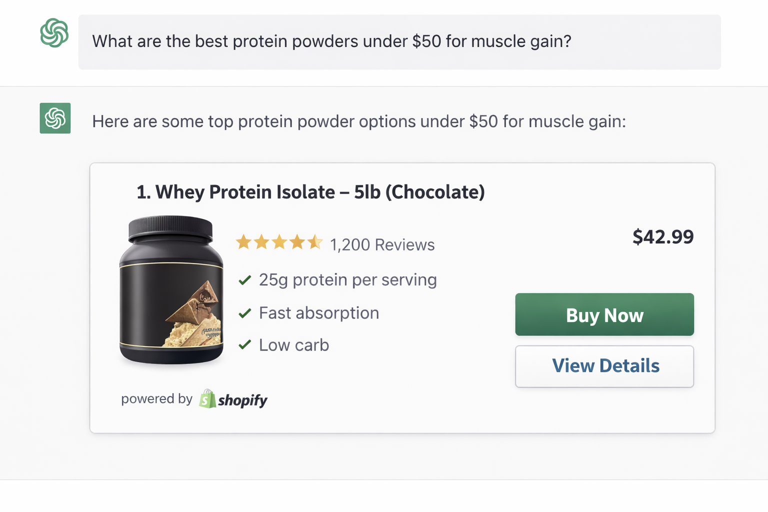 A screenshot of Chatgpt recommending shopify products to users, protein powder products at the example