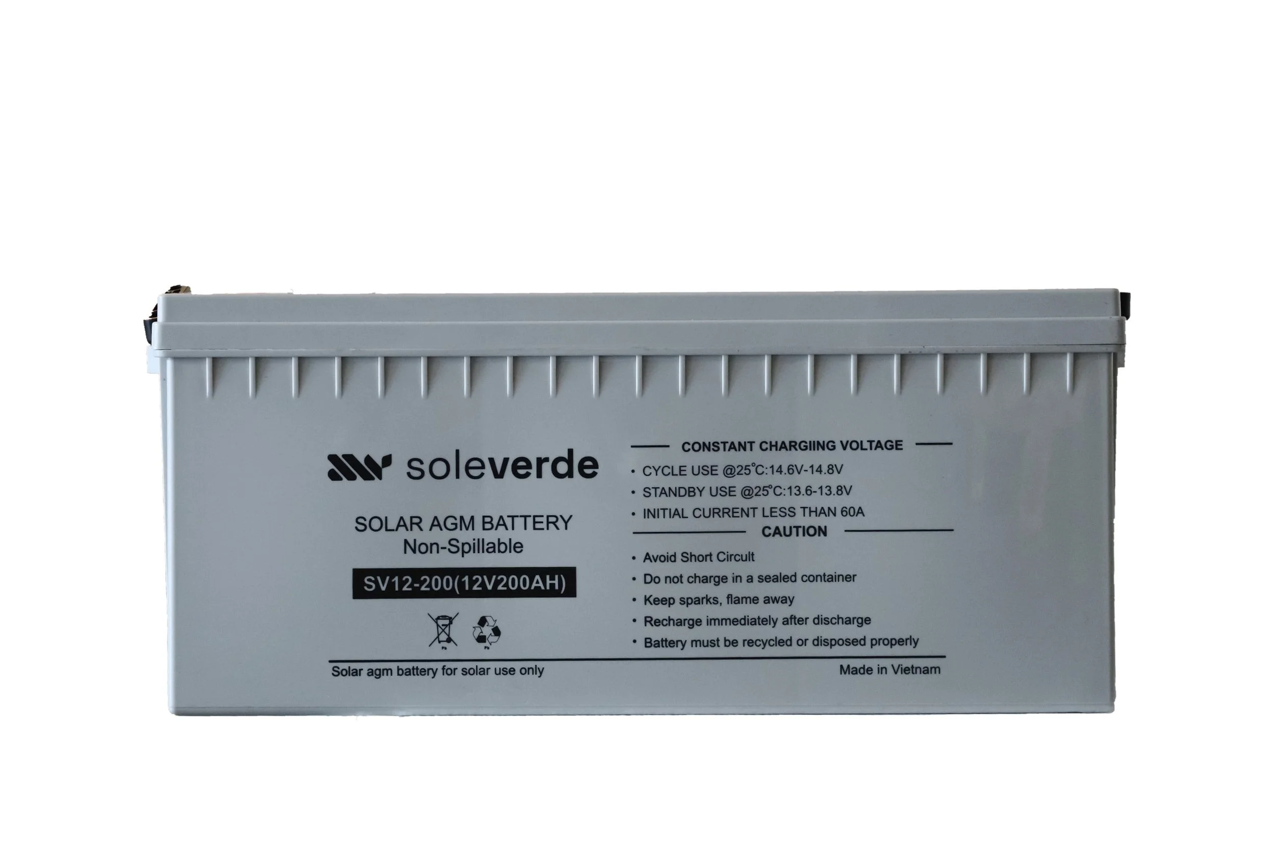 Sol Verde solar AGM battery, 12V 200AH, with labels displaying specifications, caution notes, and recycling symbols.