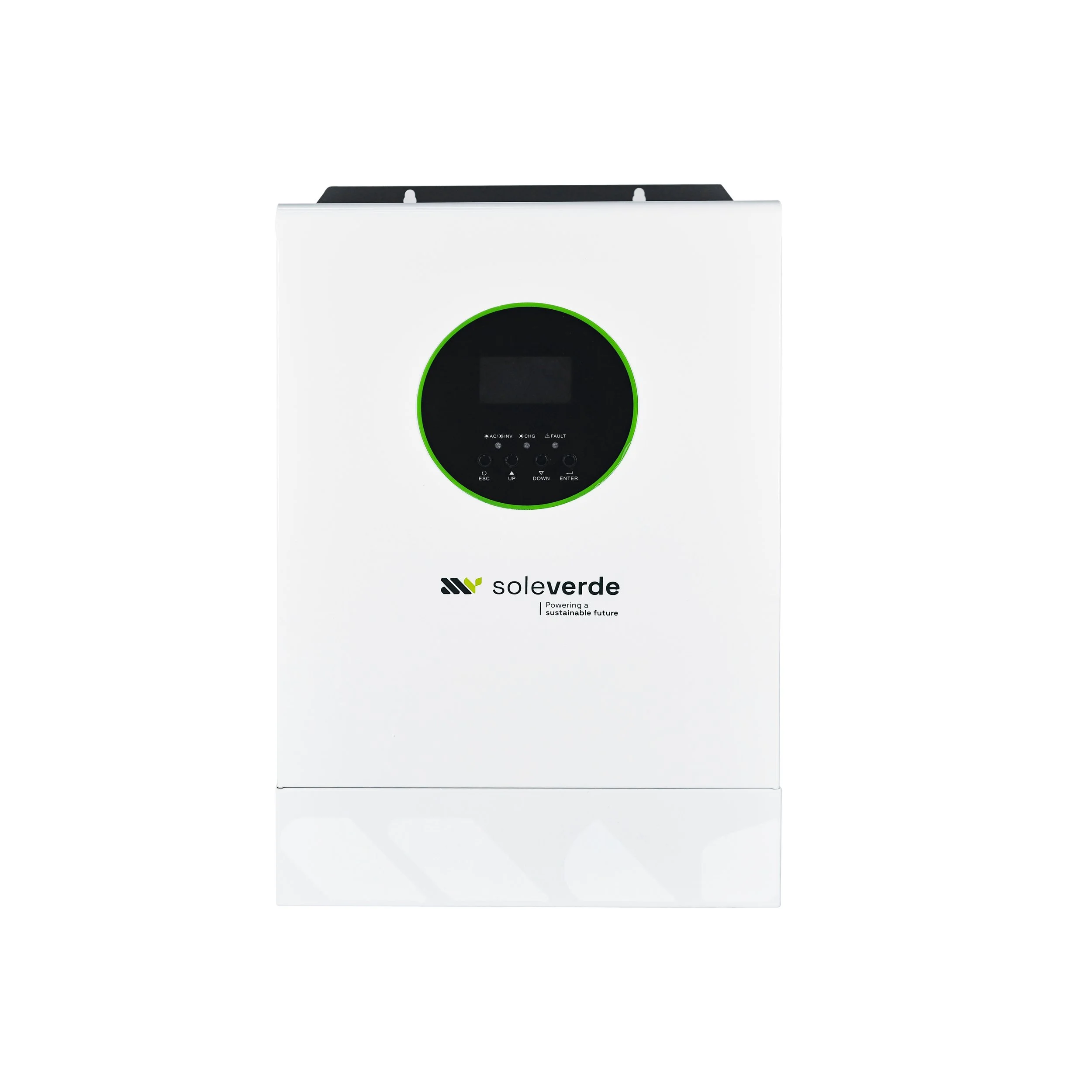 White solar inverter with digital display and control buttons, branded 'soleverde' with a green and black logo, used for renewable energy systems.