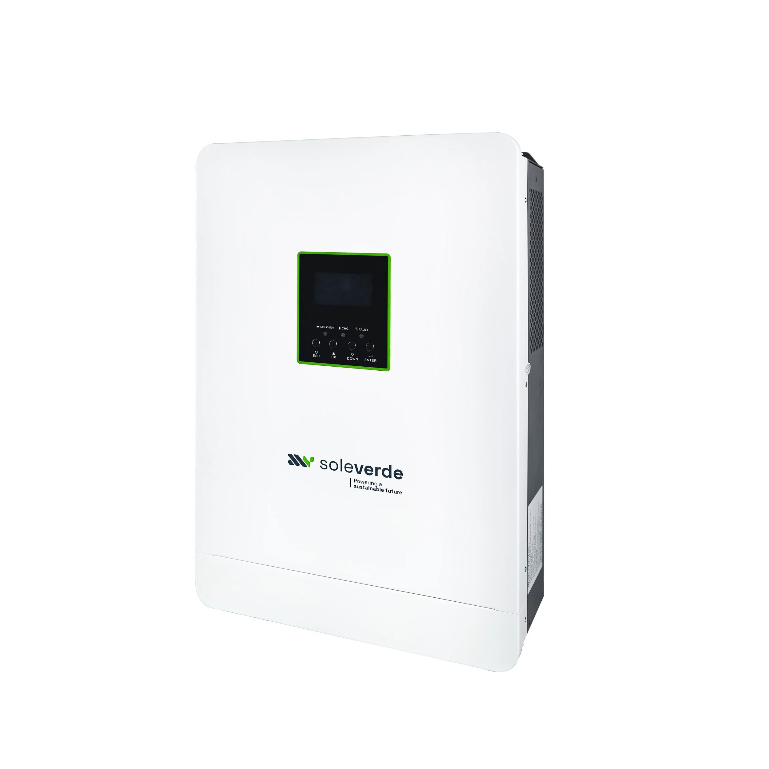 A white solar inverter with a small digital display and control buttons, branded 'Soleverda' with the tagline 'Powering a sustainable future'.