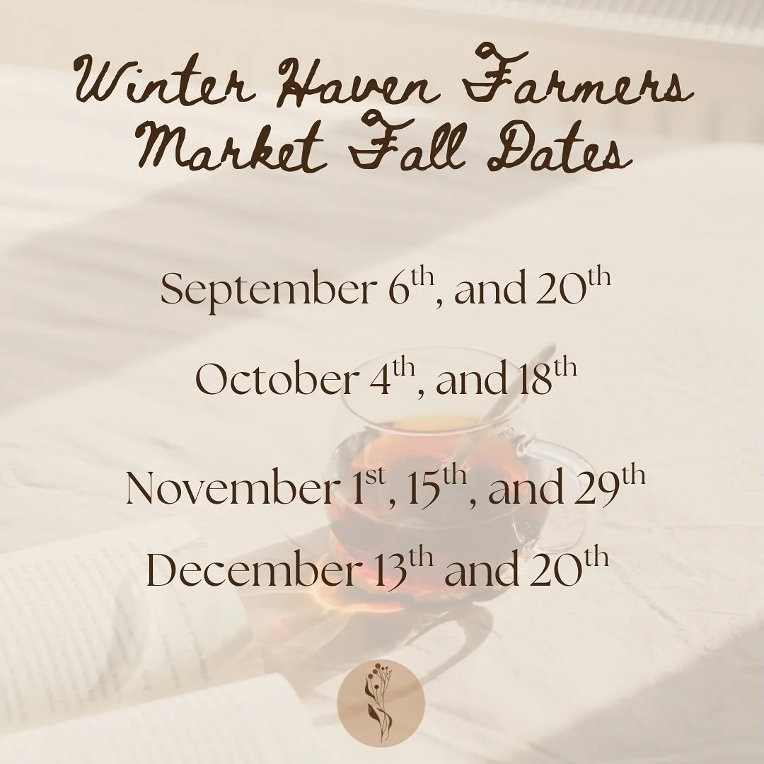 Winter Haven, we miss you! 
Fall dates have officially been confirmed at our local farmers market. Come sip on some tea and check out our new herbal offerings this fall @winterhavenfarmersmarket. 
If you have been loving our Harvest blend, be on th