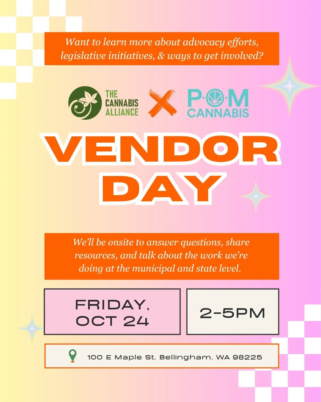 🌿 Vendor Day at @pomcanna.bellingham420 🌿
Join The Cannabis Alliance and POM Cannabis this Friday, October 24, from 2–5 PM, at 100 E Maple St, Bellingham!
Our Education & Outreach Committee Chair, Kim Davis, and Operations Manager Natha