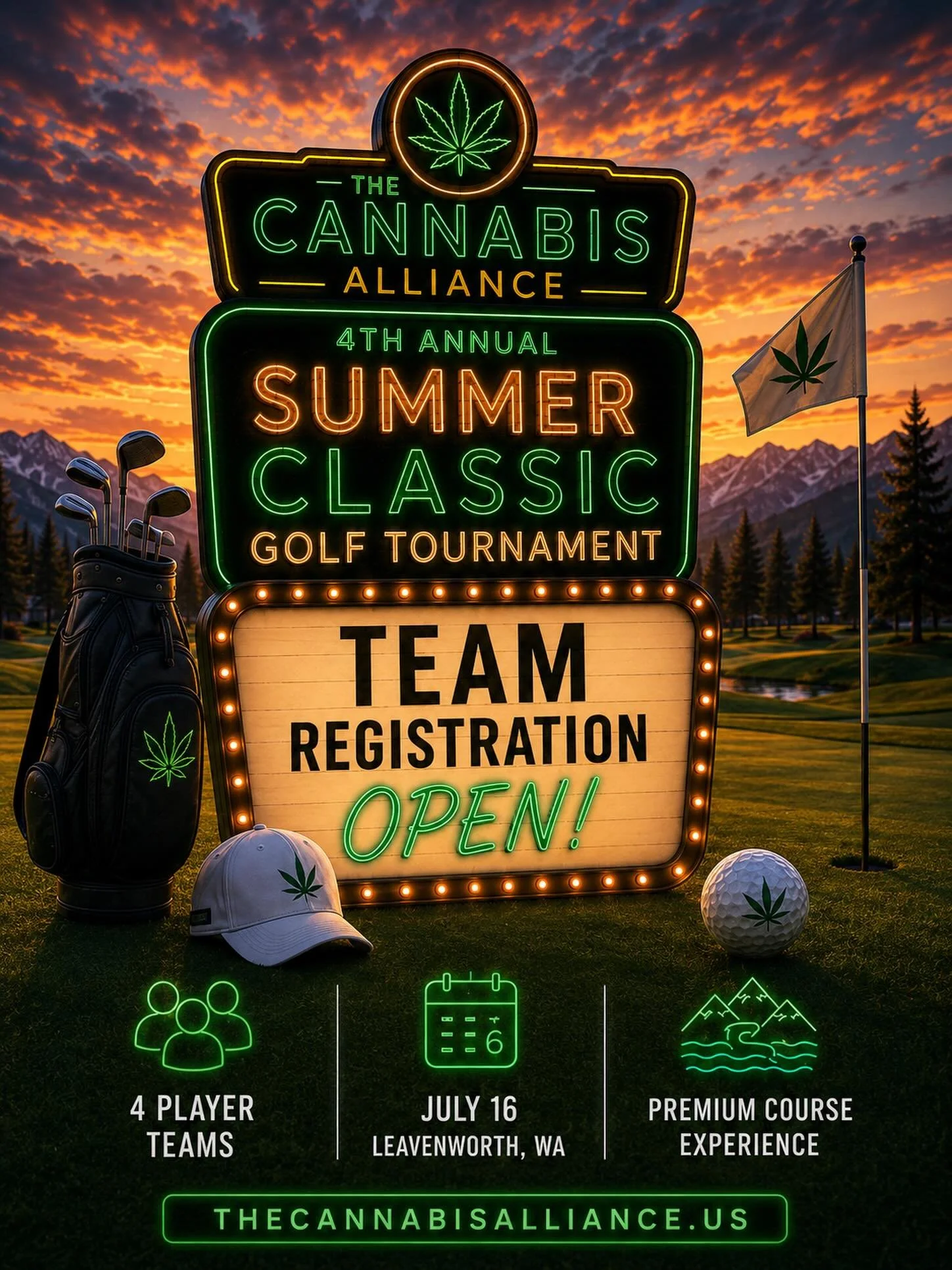 🏌️&zwj;♂️ TEAM REGISTRATION IS OPEN! 🏌️&zwj;♀️

Grab your foursome and join The Cannabis Alliance for the 4th Annual Summer Classic Golf Tournament in beautiful Leavenworth, WA. 

☀️ Epic summer vibes
⛰️ Scenic mountain course
🌿 Cannabis industry 