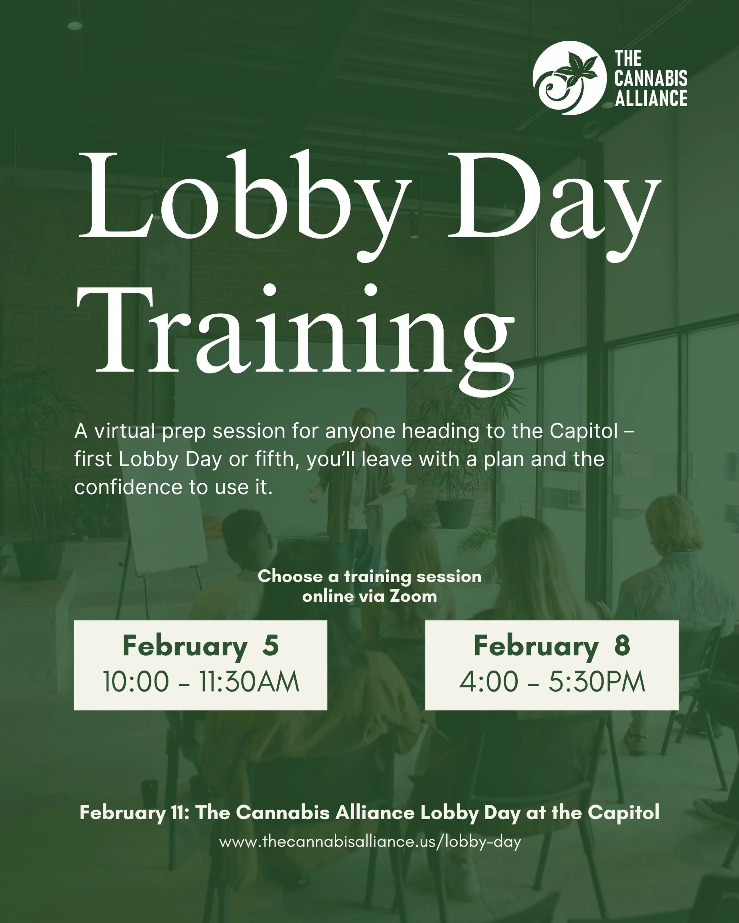 Lobby Day Training is happening online via Zoom, and you can pick the session that fits your schedule:

February 5, 10:00 to 11:30am
February 8, 4:00 to 5:30pm

This is a virtual prep session for anyone heading to the Capitol. First Lobby Day or fift