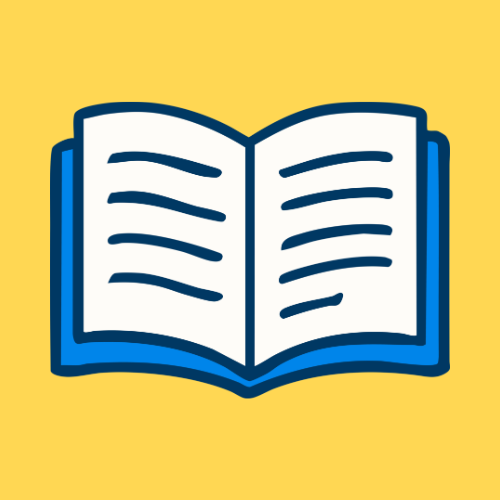 Icon of an open book with lines representing text on a yellow background.