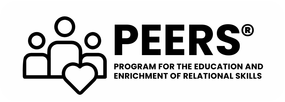 Logo for PEERS program, which focuses on education and enhancing relational skills, featuring stylized icons of four people with a heart together.