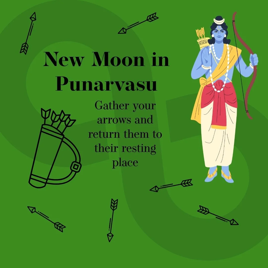 This waning lunar cycle is coming to a close in the nakṣatra of Punarvasu. This portion of the sky is ruled by Aditi - the unbounded mother. She is the primordial essence from which all consciousness is born, and connecting to her connects us to the 