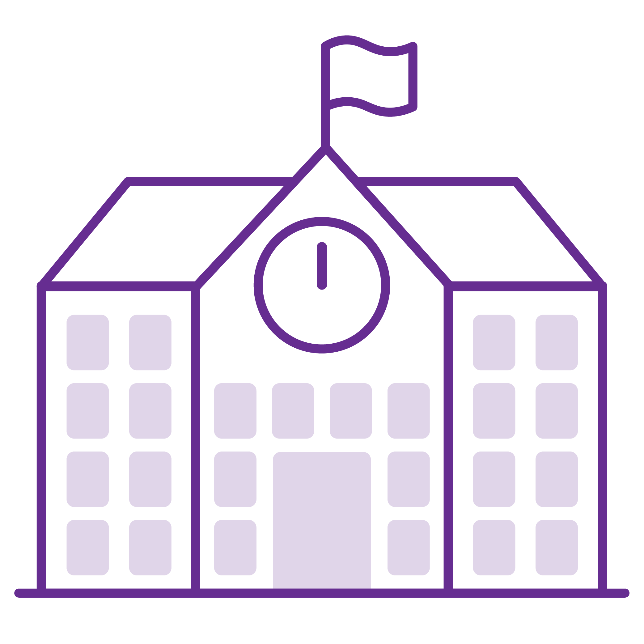 An illustration of a school with a clock in the middle and flag on top of the roof