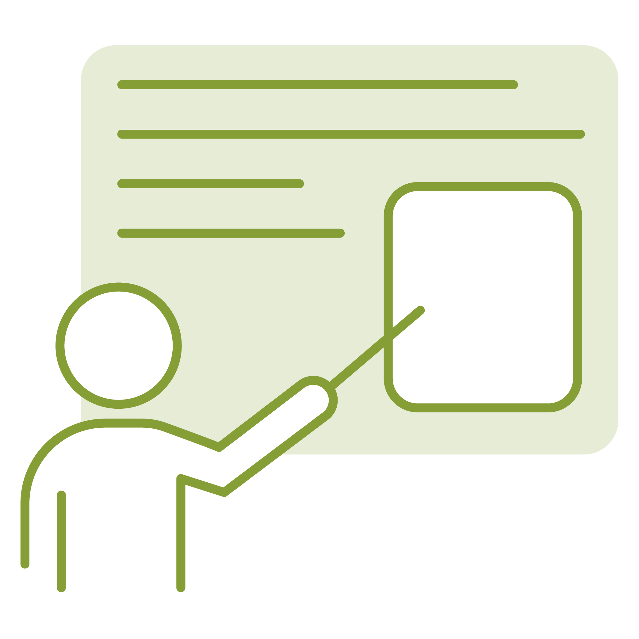 An illustration of a teacher pointing to a board.