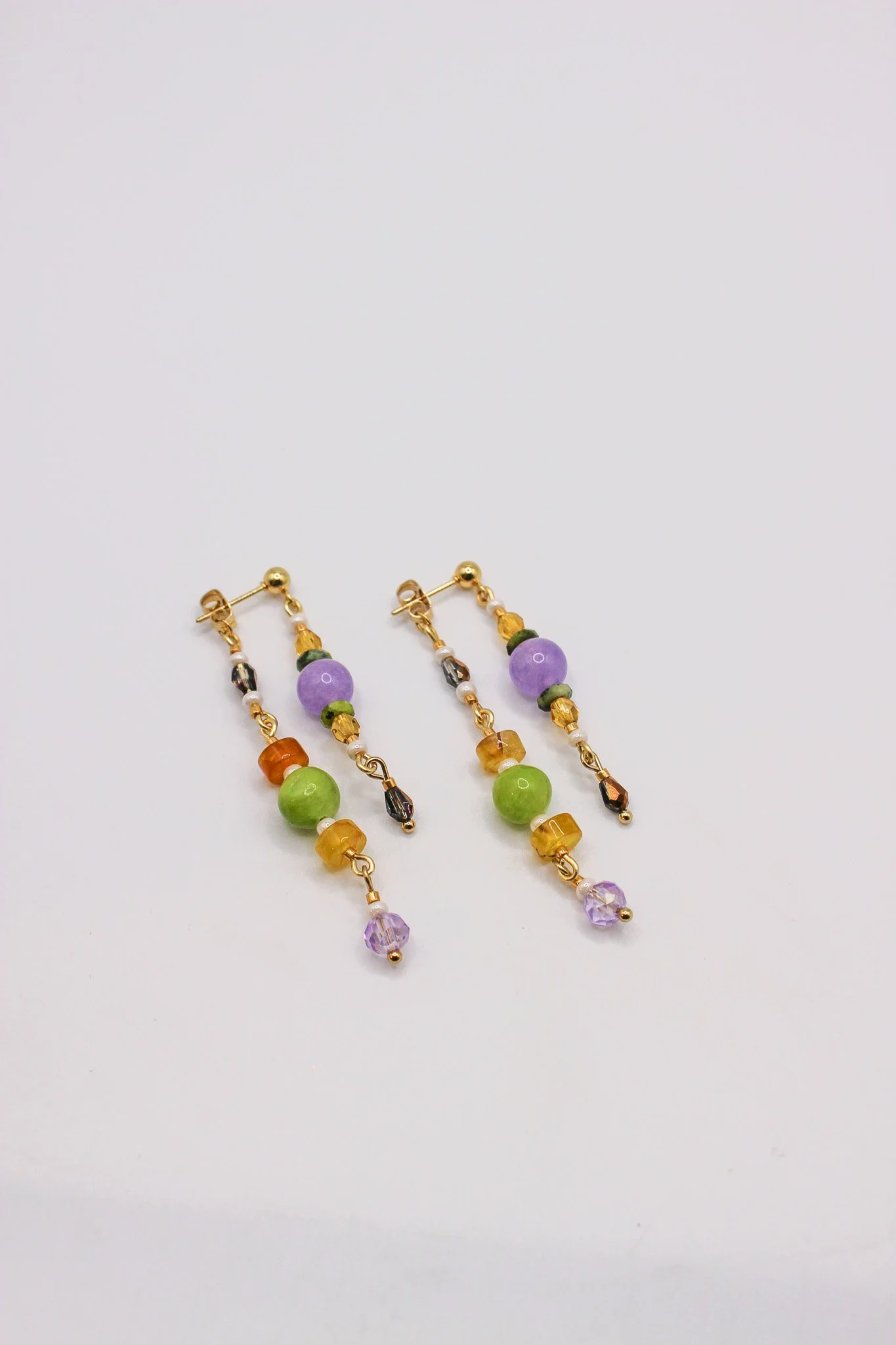 Lavender, green and yellow Beaded Collage Earrings