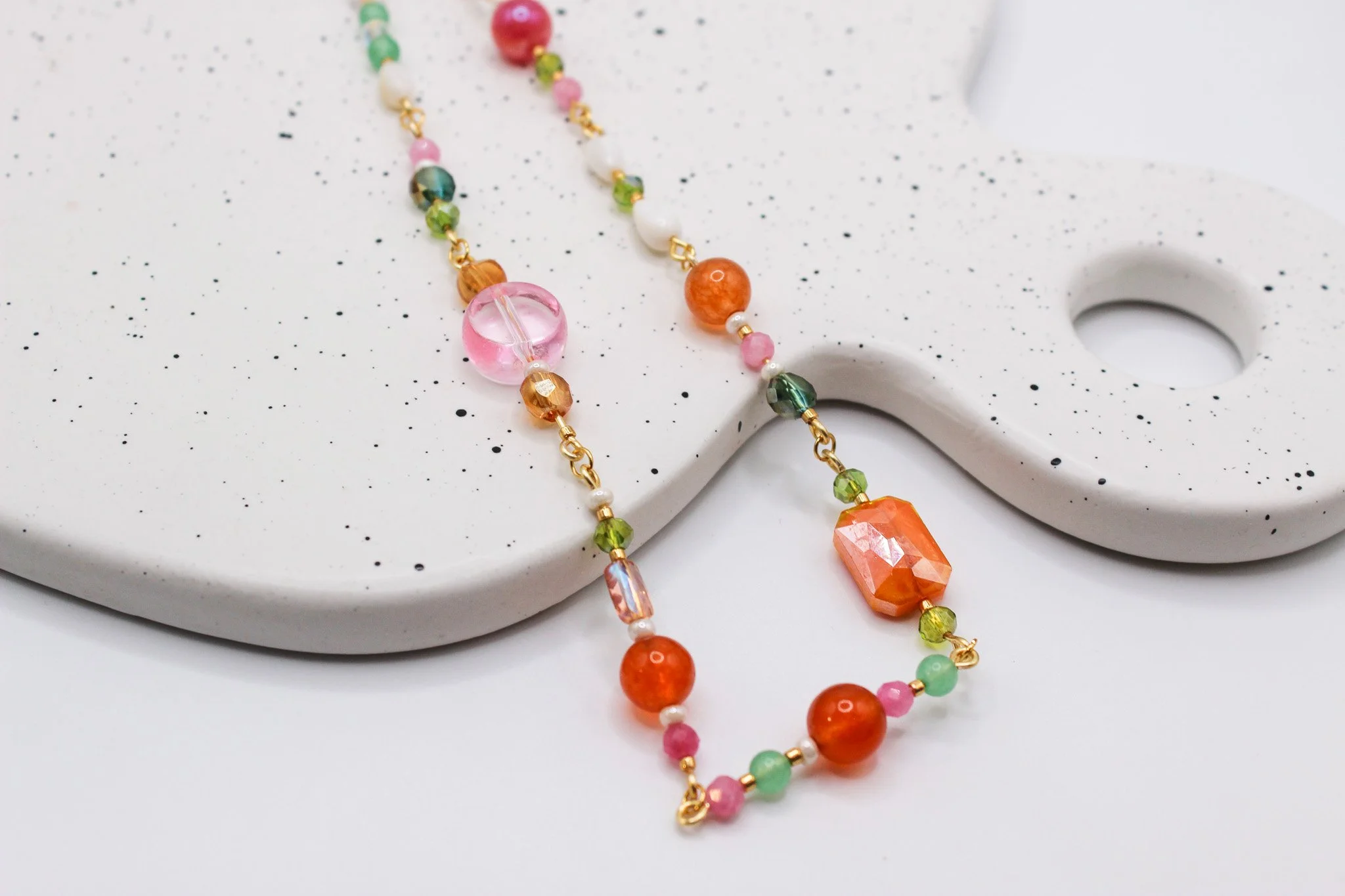 Pink, Orange, Green and Turquoise Beaded Collage Necklace