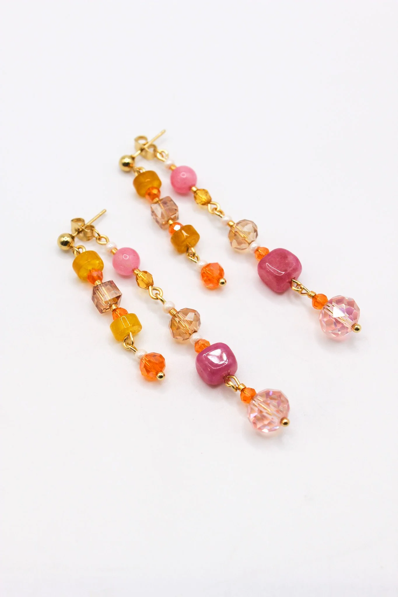 Yellow, pink and orange Beaded Collage Earrings