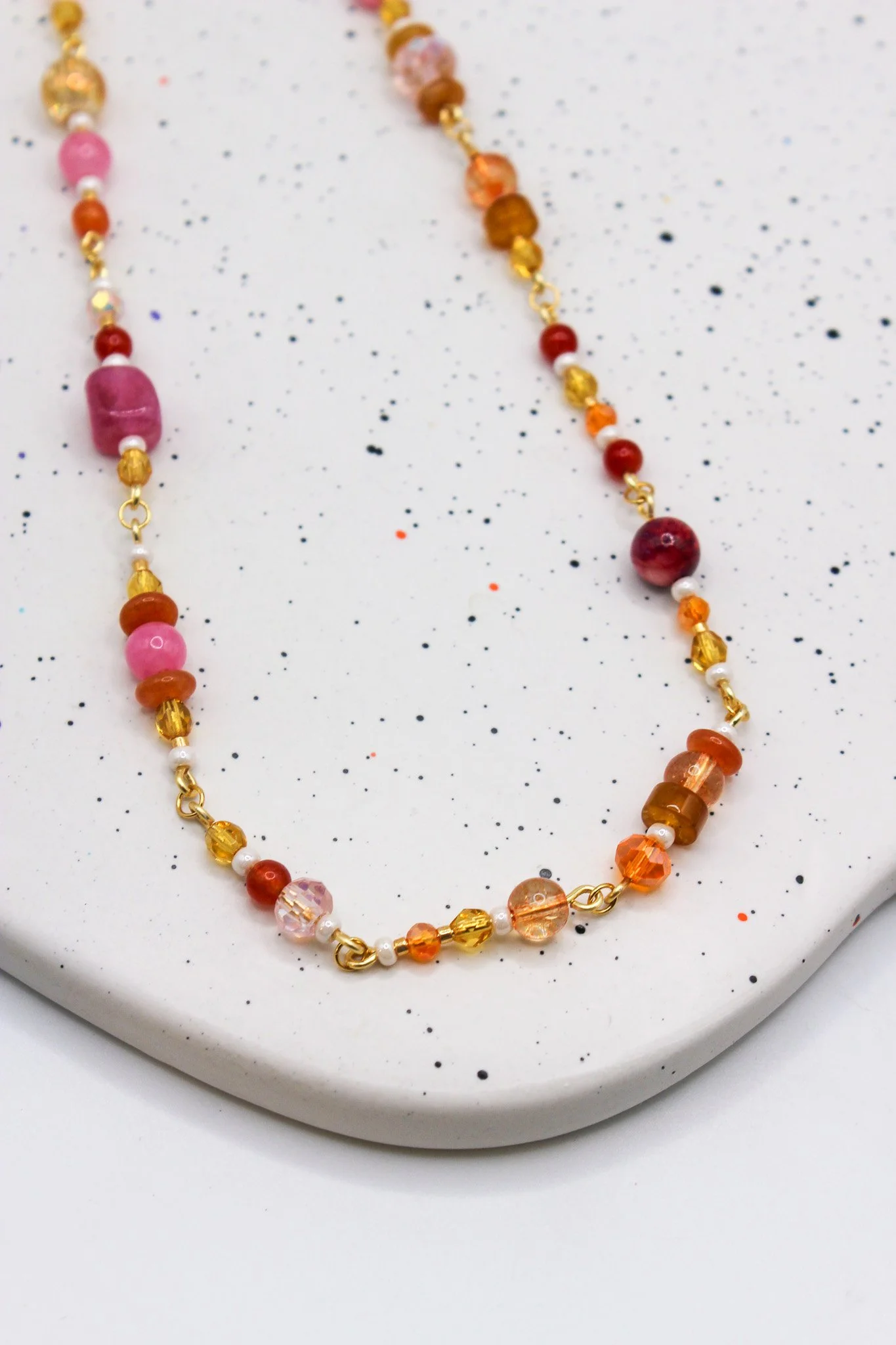 Pink, Yellow, and Orange Beaded Collage Necklace